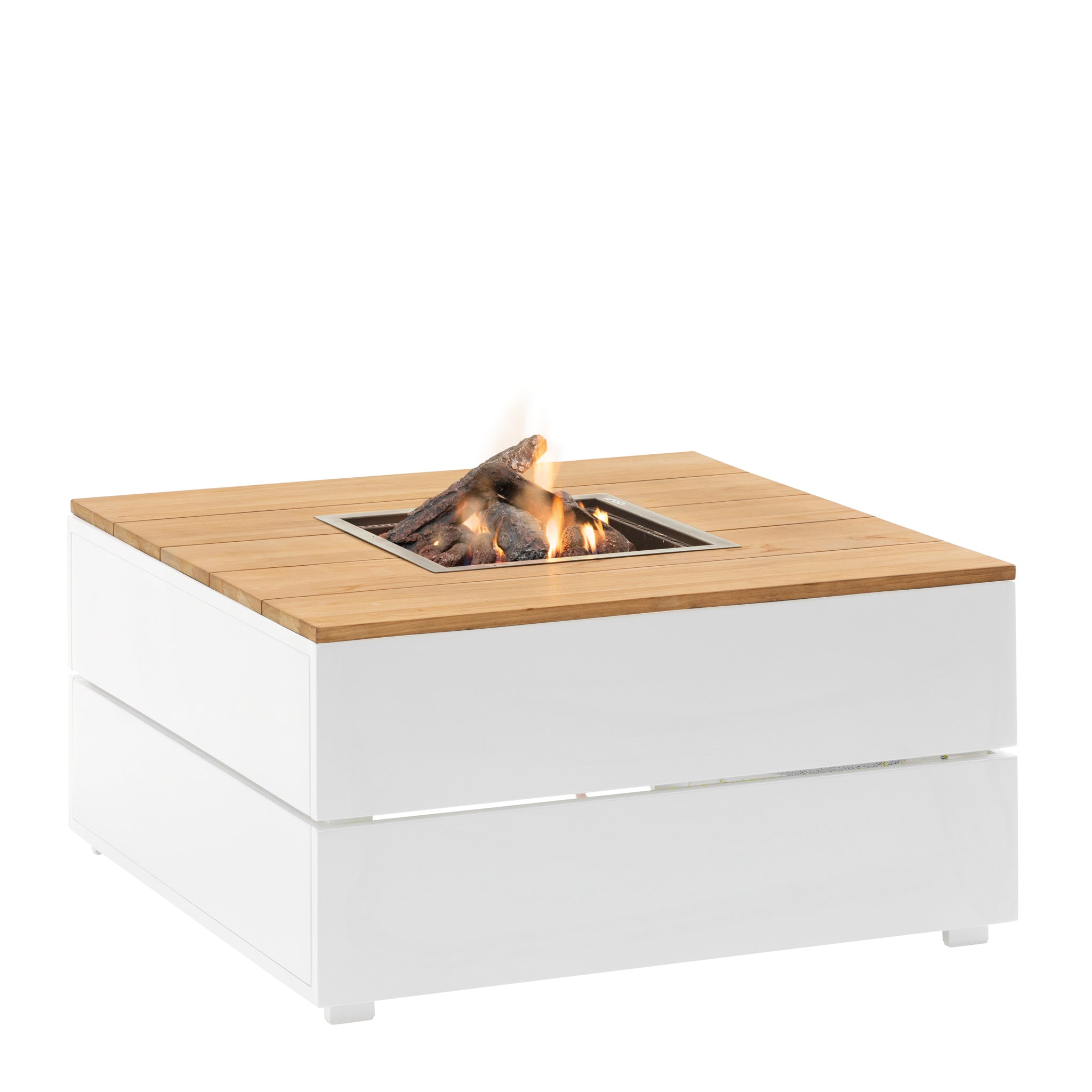 The Cosi - Cosipure 100 White and Teak Square Fire Pit is a modern, sophisticated addition to any garden. Its square design with white sides and a wooden top features a small, controlled flame at the center, blending functionality with style.