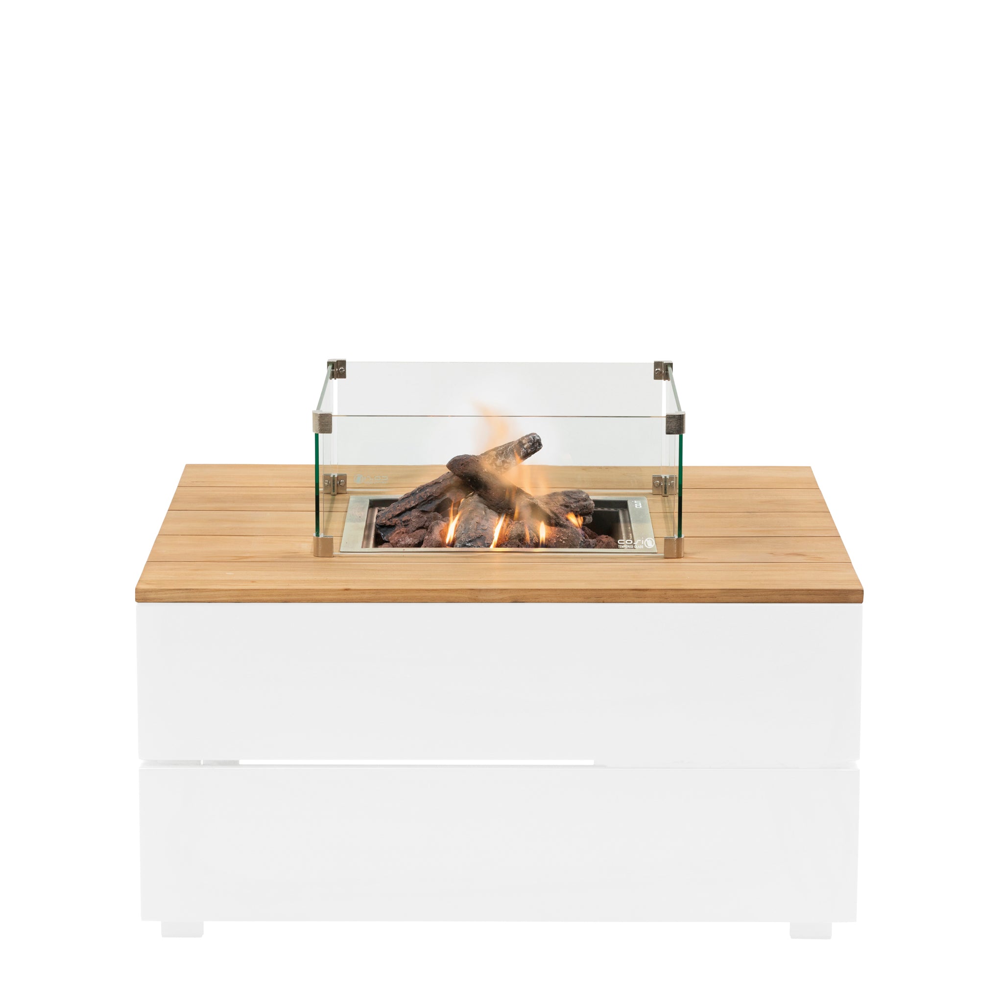 The Cosi - Cosipure 100 White and Teak Square Fire Pit features a small flame with logs, glass wind guard, and teak wooden surface, making it perfect for enhancing your garden design.
