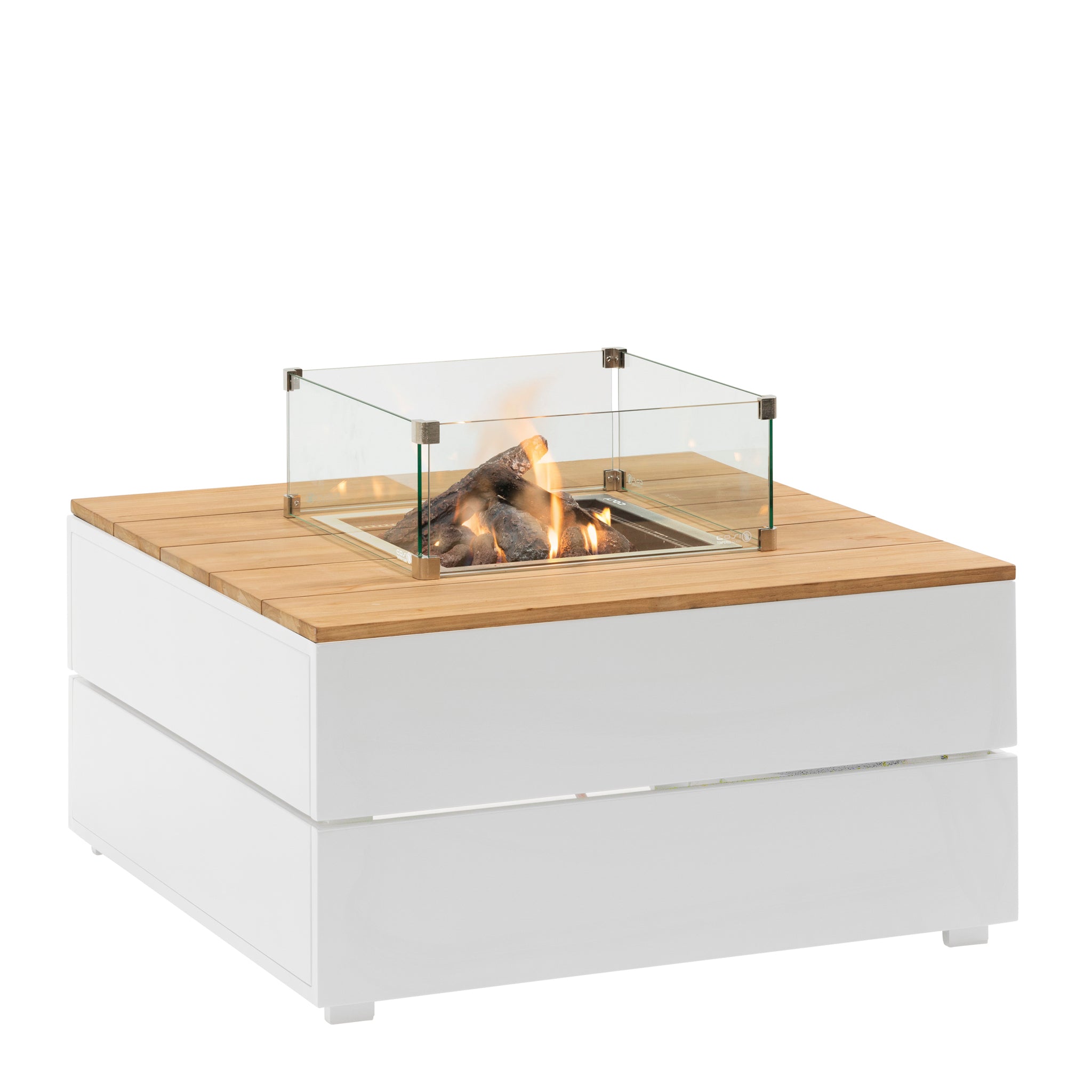 The Cosi - Cosipure 100 White and Teak Square Fire Pit, with a teak top and glass enclosure, offers a soft flame that enhances your garden design.