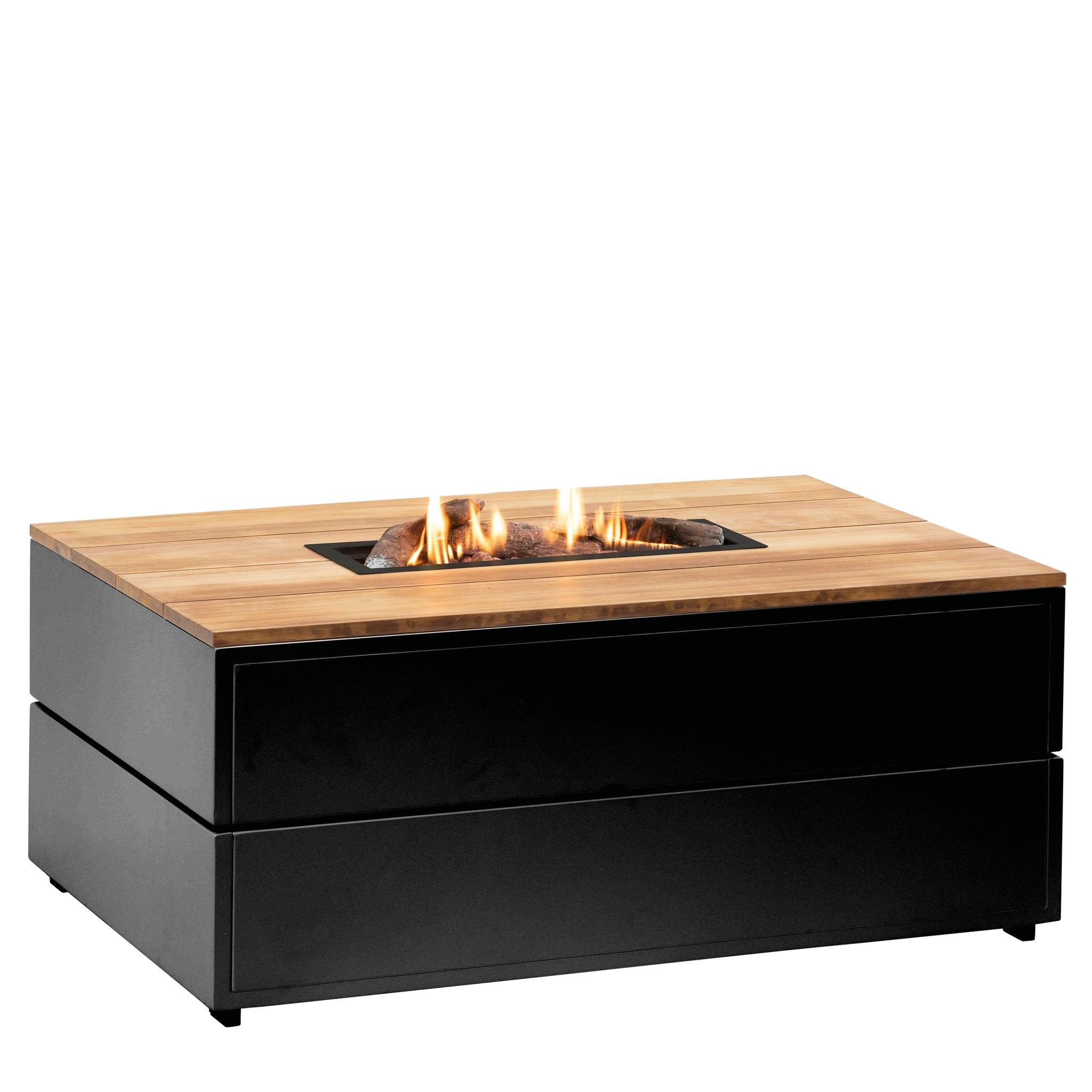 The Cosi - Cosipure 120 Rectangular Fire Pit Black and Teak features a sleek, modern design with a wooden top. This propane outdoor fire pit includes a central gas flame, ideal for enhancing any outdoor space.