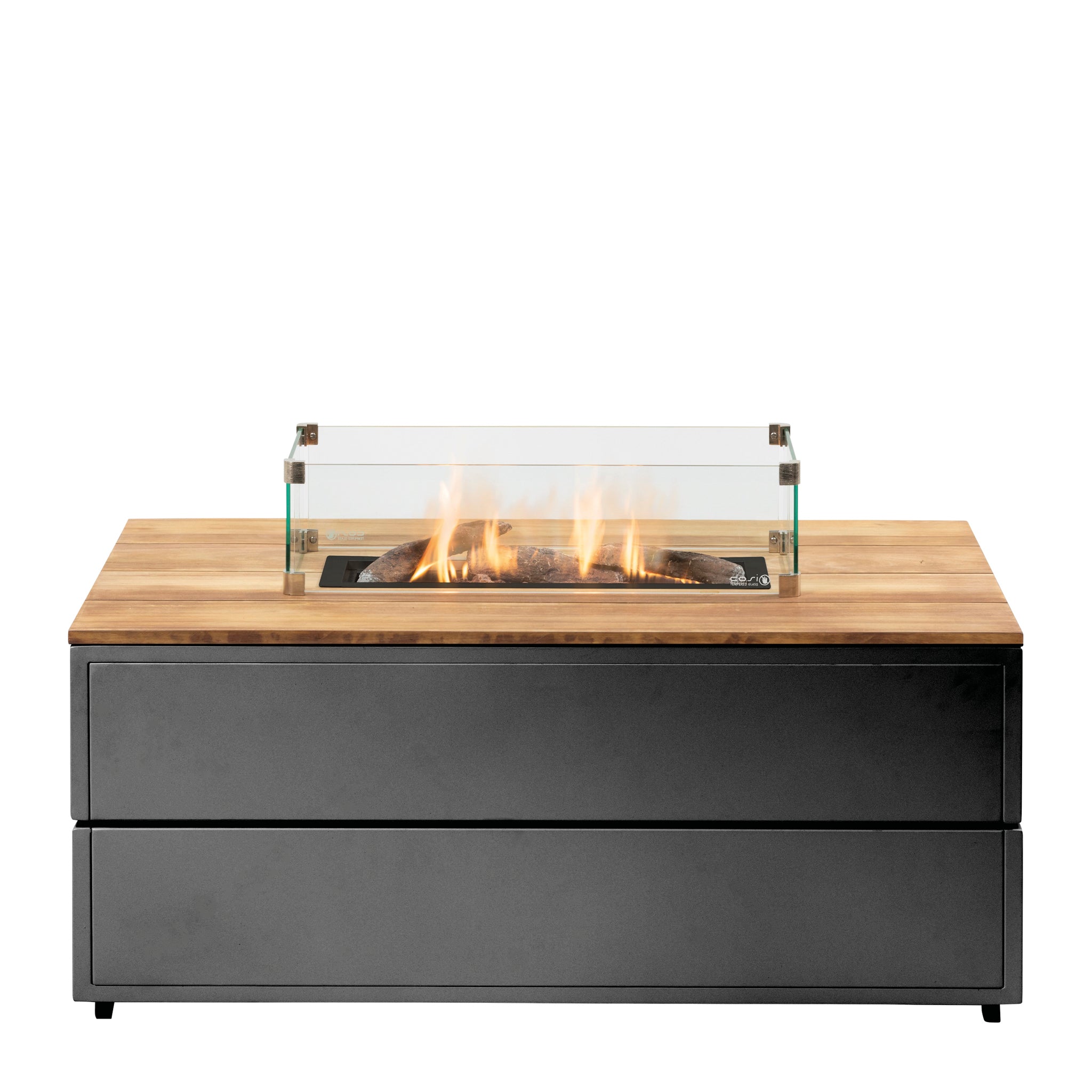 The Cosi - Cosipure 120 Rectangular Fire Pit Black and Teak is a propane-powered centerpiece with a sleek glass enclosure over a wooden top, ideal for enhancing your outdoor space.
