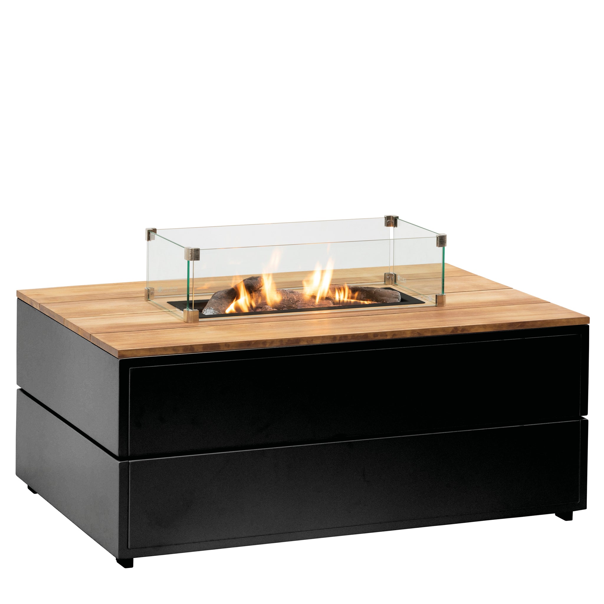 Discover the elegance of the Cosi - Cosipure 120 Rectangular Fire Pit Black and Teak. This outdoor propane fire pit boasts a sleek design with a glass barrier, combining a wooden top and black base for modern sophistication.