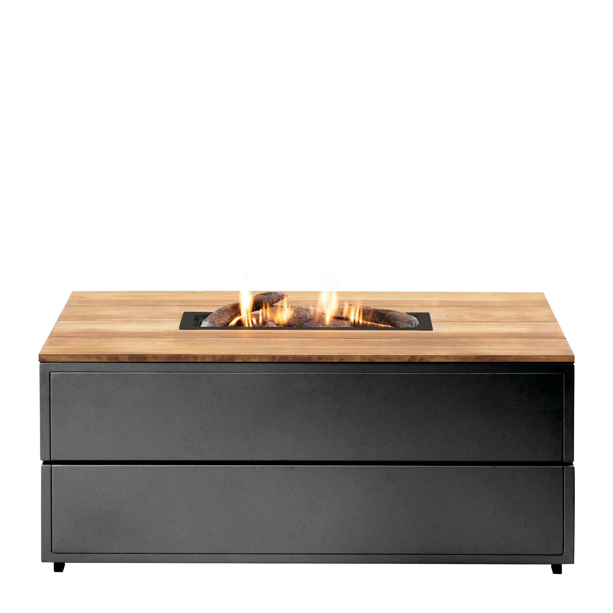 The Cosi - Cosipure 120 Rectangular Fire Pit in black and teak features a wooden top and a sleek black base, with a central flame surrounded by stones, creating the perfect modern outdoor centerpiece for cozy evenings.
