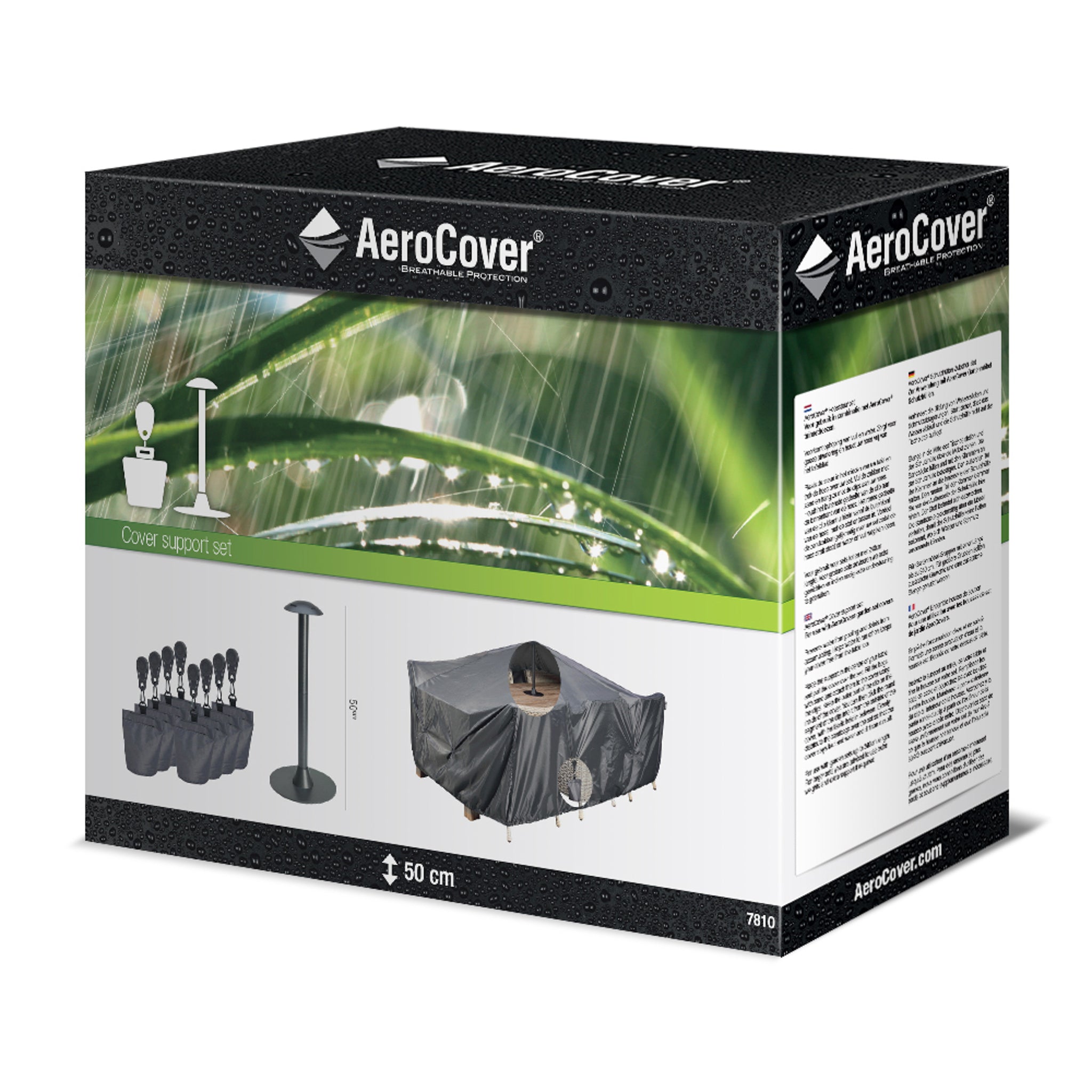 Box of AeroCover - Support Pole Set - 24x10x20cm high, with images showing covered outdoor furniture and a sturdy support pole.