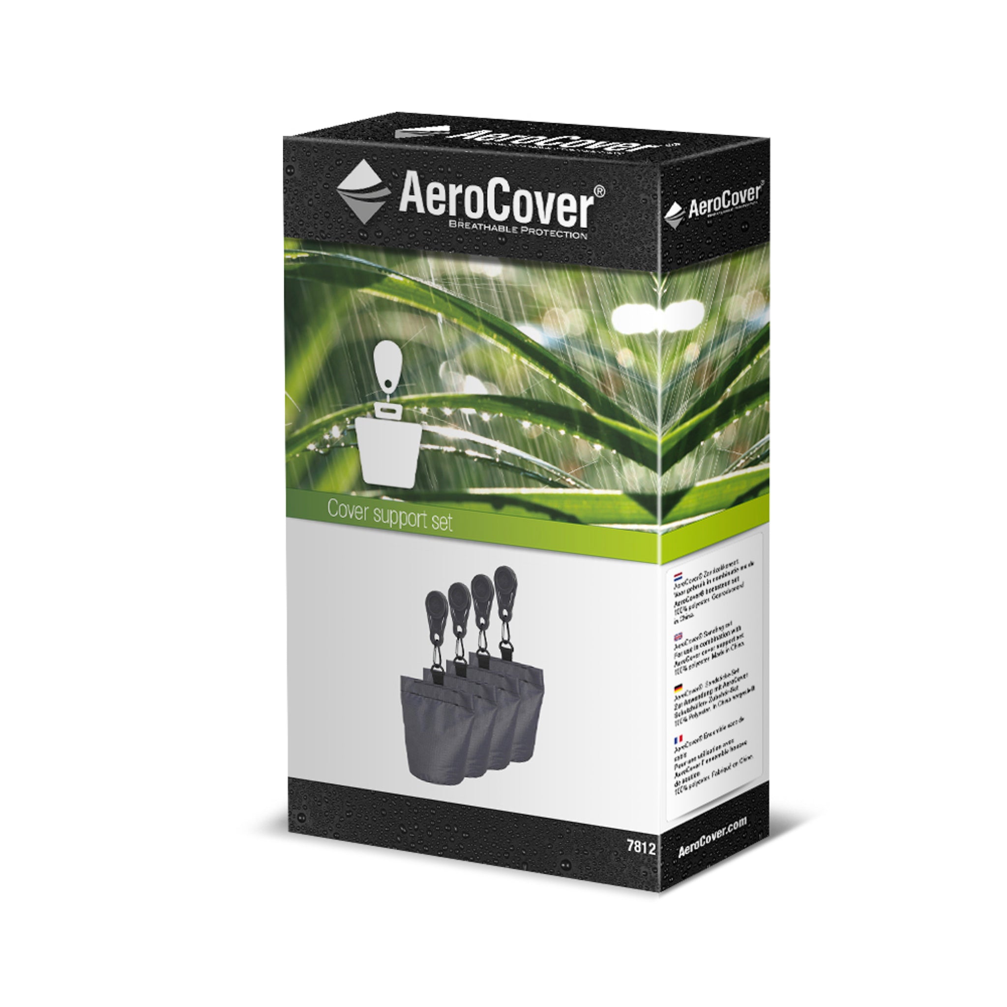 Box of the AeroCover Sandbag Set (4pcs) 12x4x20cm high, featuring a green leaf design and an image of the product on the front, ideal for securing your garden furniture.
