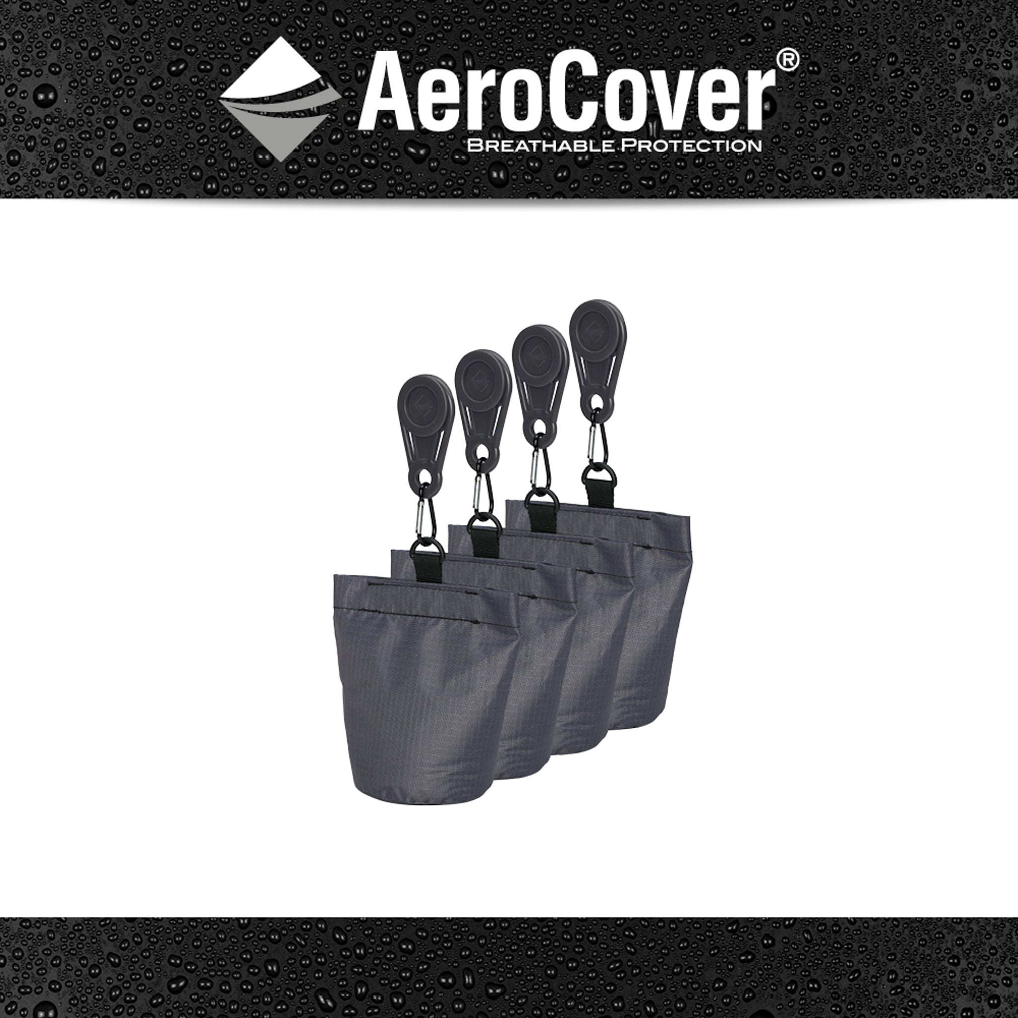 Introducing the AeroCover Sandbag Set (4 pieces), 12x4x20cm high, featuring weighted cover clamps with clips and black bags adorned with the "AeroCover" text on a water droplet background, perfect for securing your garden furniture.
