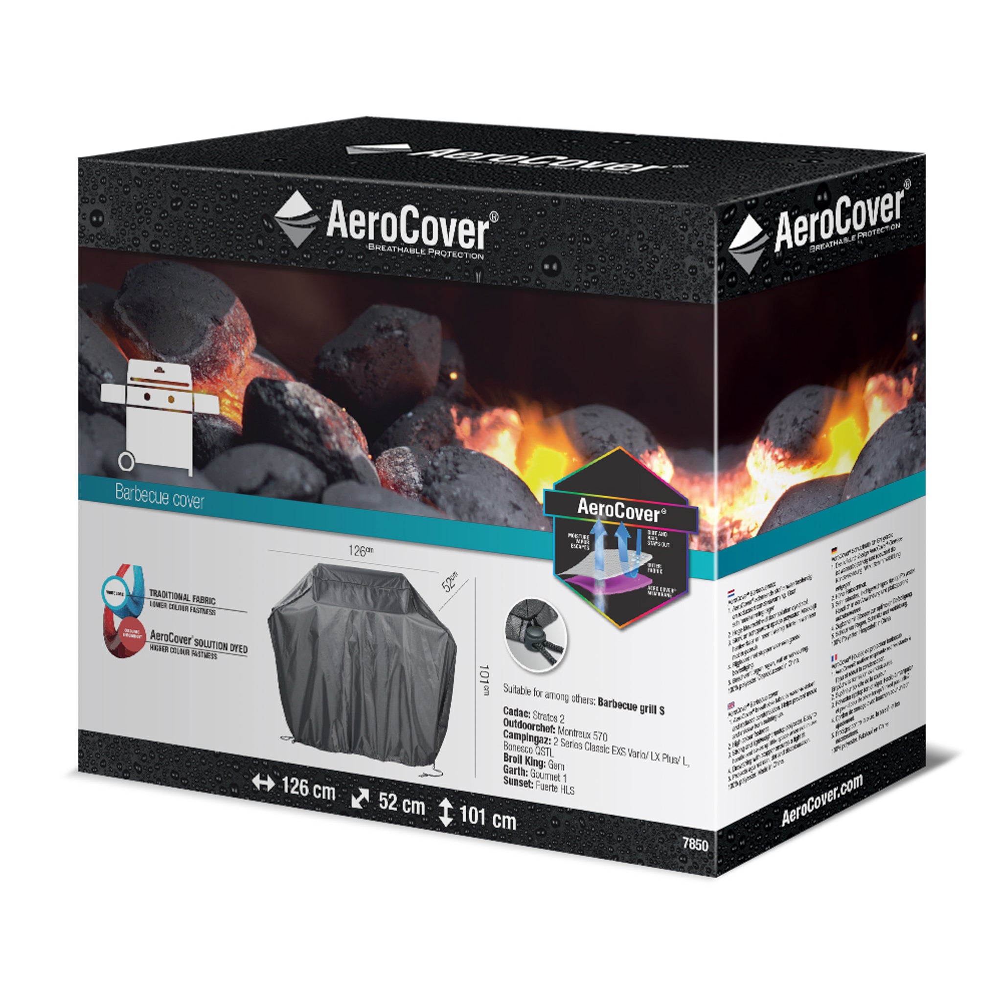 The packaging for the AeroCover - Gas Barbecue Cover (126 x 52 x 101 cm) features an image of the UV-protected cover, detailed product dimensions, and a usage illustration.