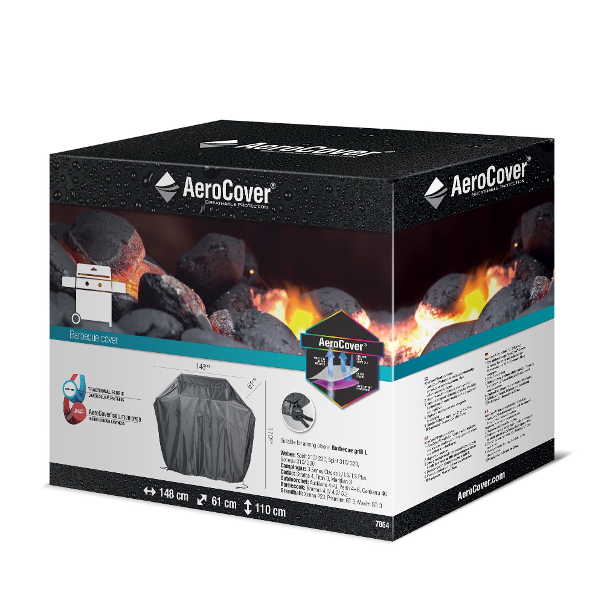 AeroCover - Gas Barbecue Cover 148 x 61 x 110cm high package featuring an image of the UV-protected cover, its dimensions, and burning coals in the background.