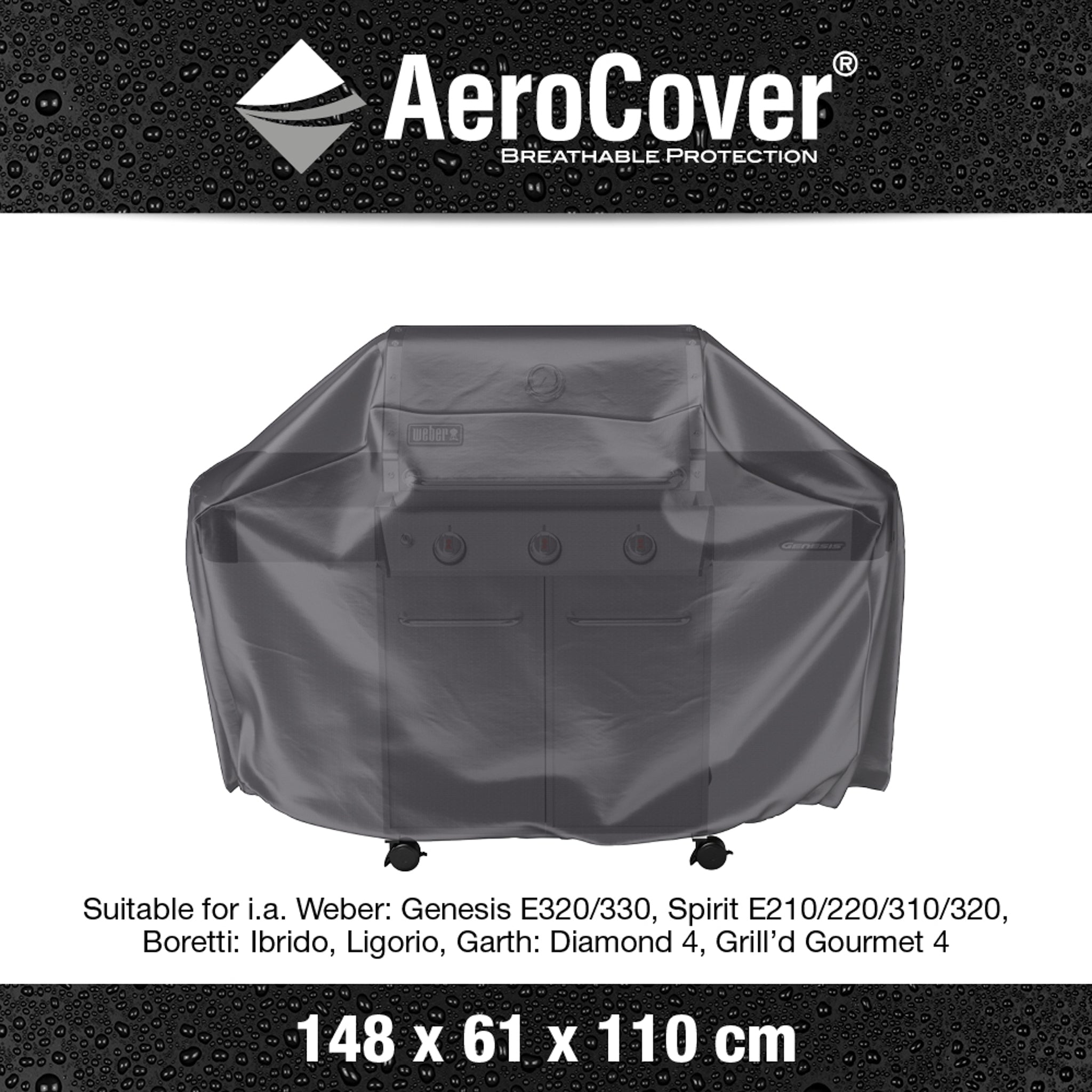 The AeroCover - Gas Barbecue Cover in black, measuring 148 x 61 x 110 cm, is UV protected and compatible with various grill models.