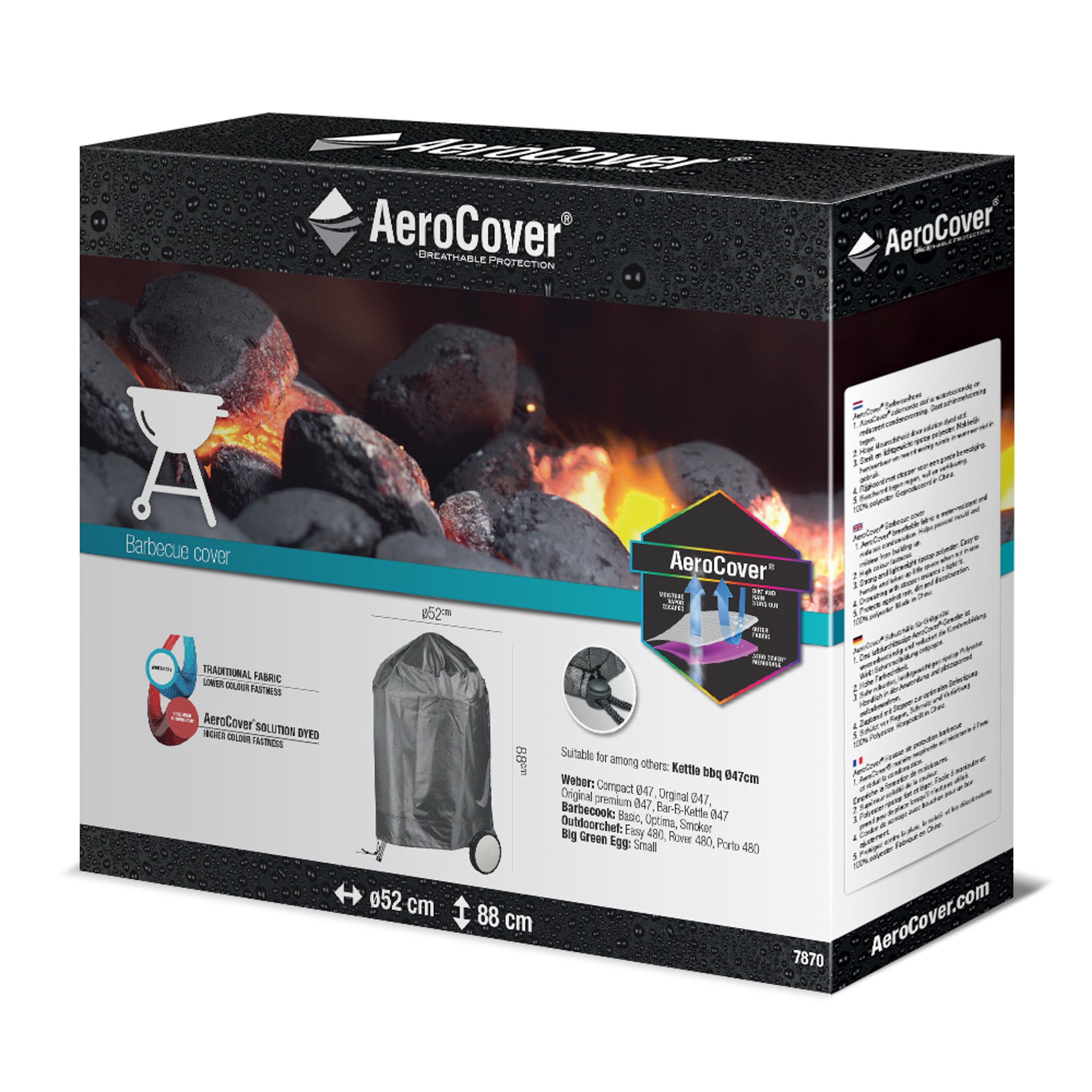 AeroCover - Barbecue Kettle Round Cover 52 x 88cm high box featuring product image, dimensions, and benefits. Background shows burning coals. This water-resistant cover is UV protected to ensure lasting durability.