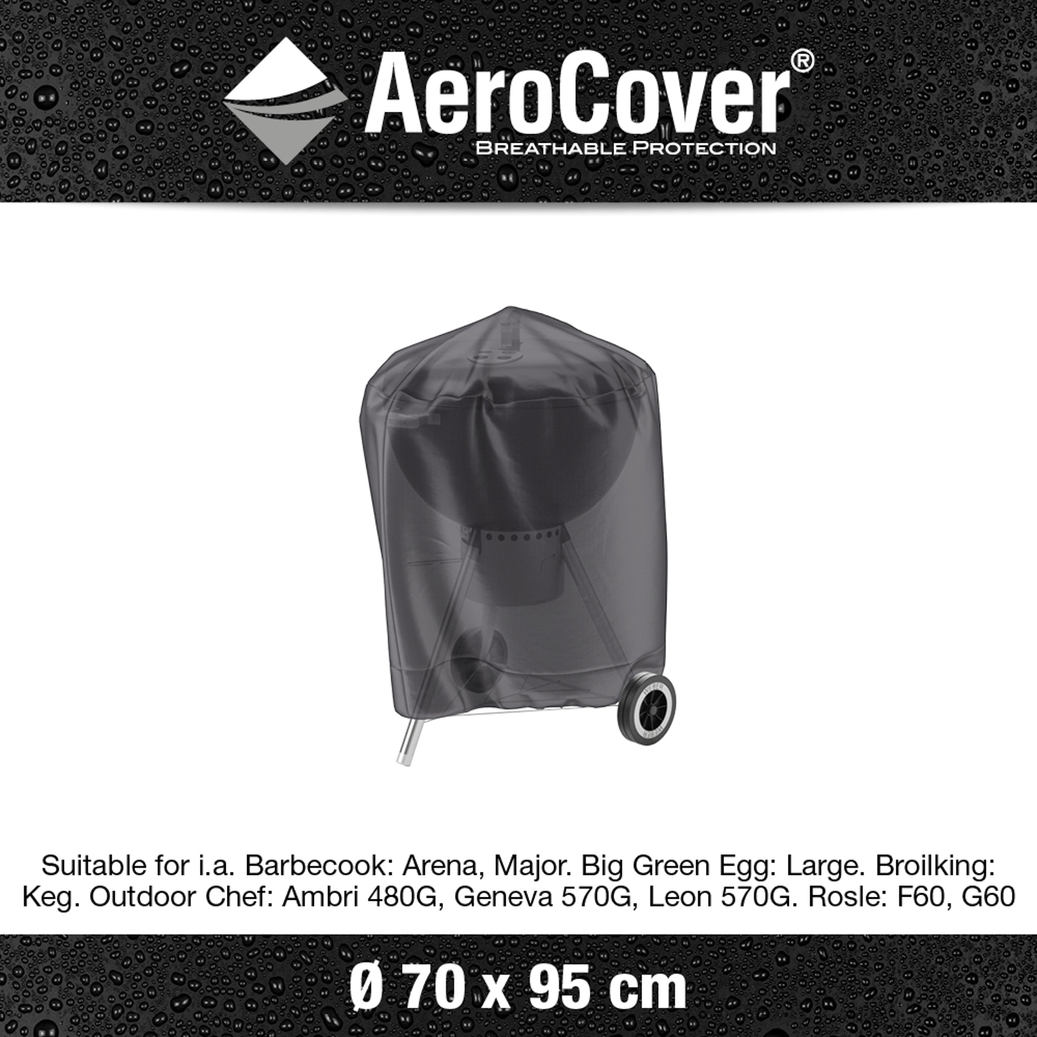 AeroCover - Barbecue Kettle Round Cover 70 x 95cm high, black, breathable and water-resistant with UV protection. Fits listed models below. Grill not included.