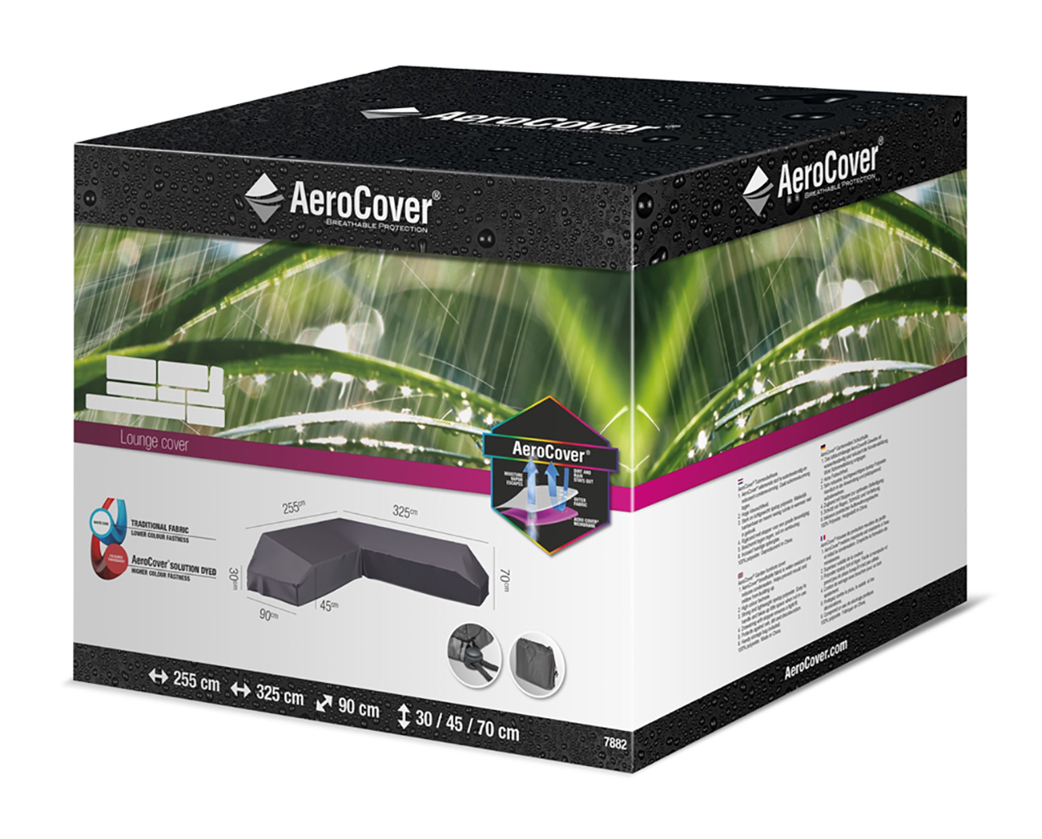 Box of an AeroCover - Left Hand Platform Cover 325x255x90xH30/45/70cm high, featuring water-resistant properties, displayed on a dew-covered grass background.