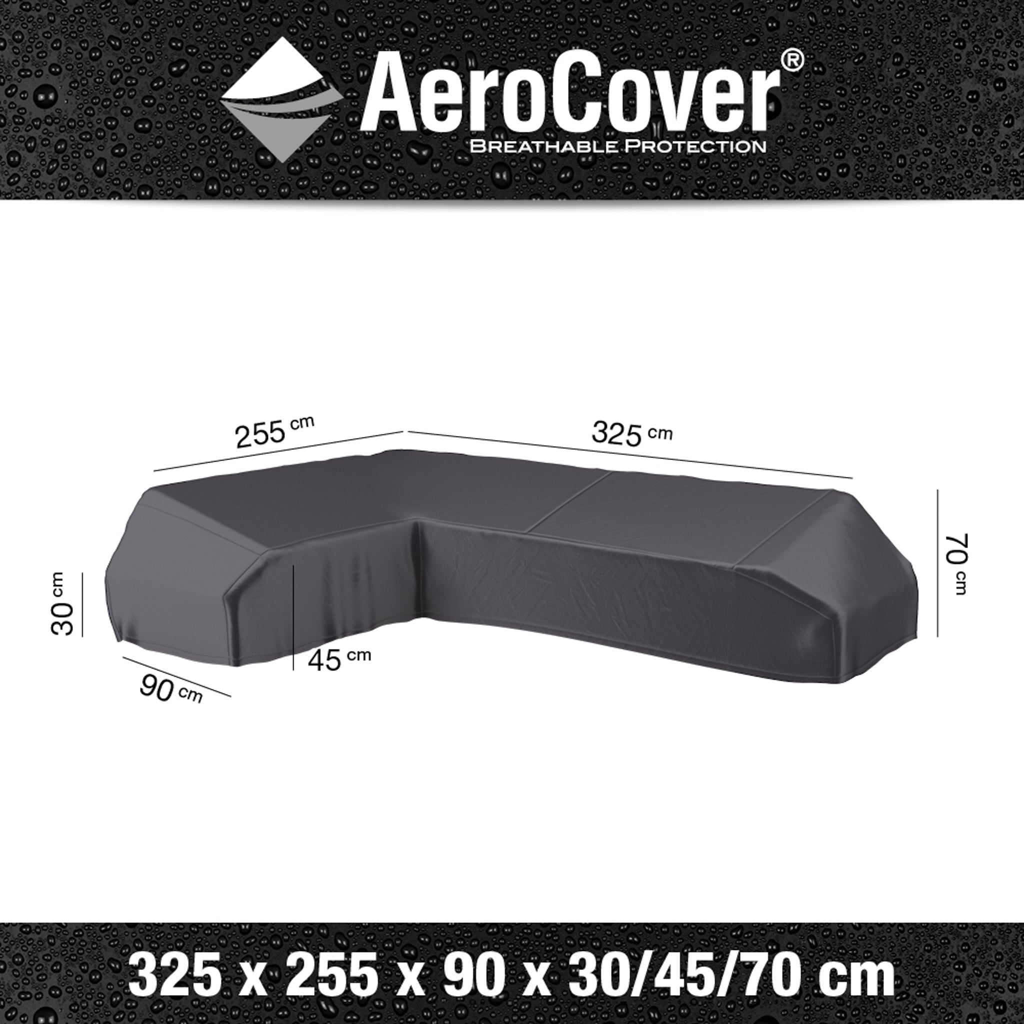 The AeroCover - Left Hand Platform Cover, featuring dimensions of 325x255x90xH30/45/70 cm, is showcased against a water droplet background, highlighting its water-resistant protection for garden seating sets.
