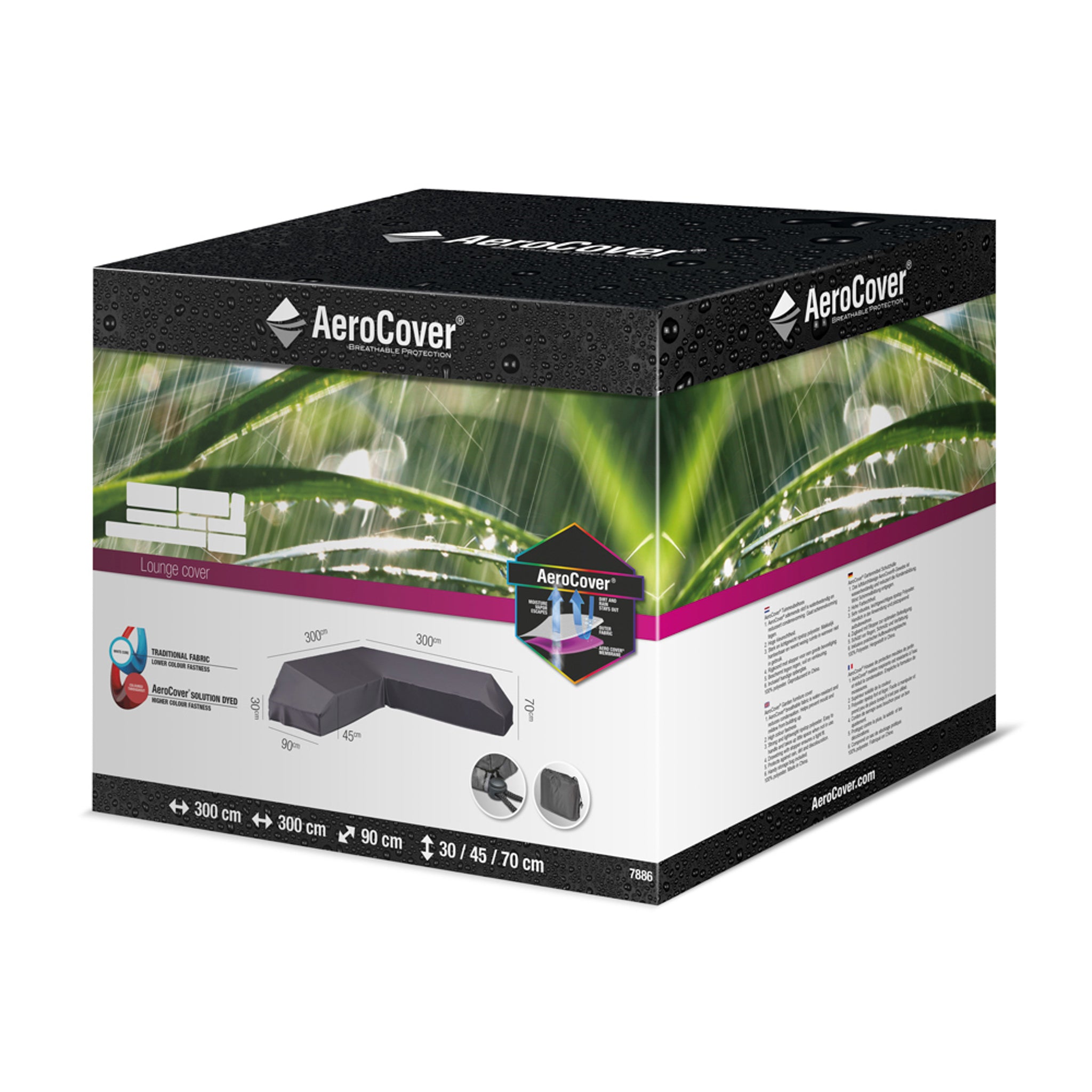 The box packaging of the AeroCover Platform Cover 300x300x90xH30/45/70cm high showcases images and dimensions, highlighting its water-resistant and breathable features, making it ideal for garden seating protection.