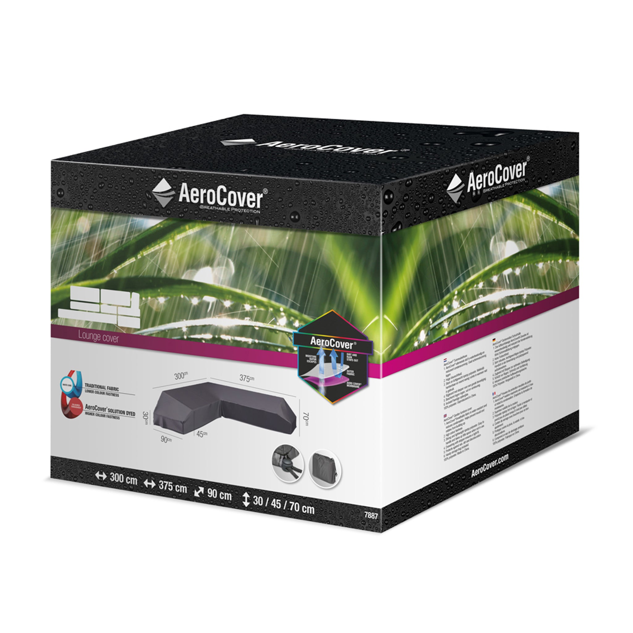 Black AeroCover packaging box featuring images and descriptions of the water-resistant Left Hand Platform Cover (375x300x90xH30/45/70cm high), ideal for protecting garden seating.