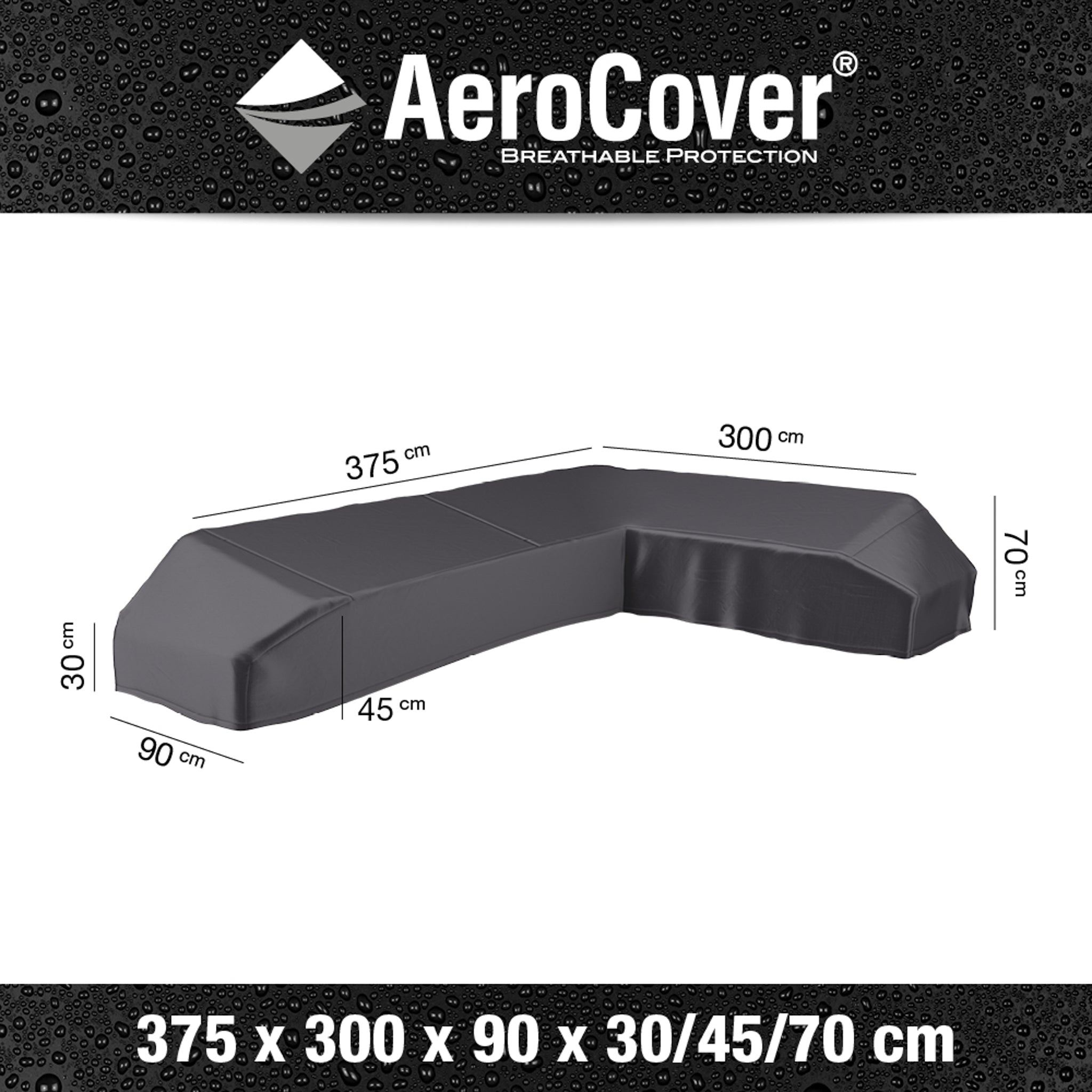 AeroCover - Right Hand Platform Cover 375x300x90xH30/45/70 cm high, black, breathable and water-resistant with UV-protective features.