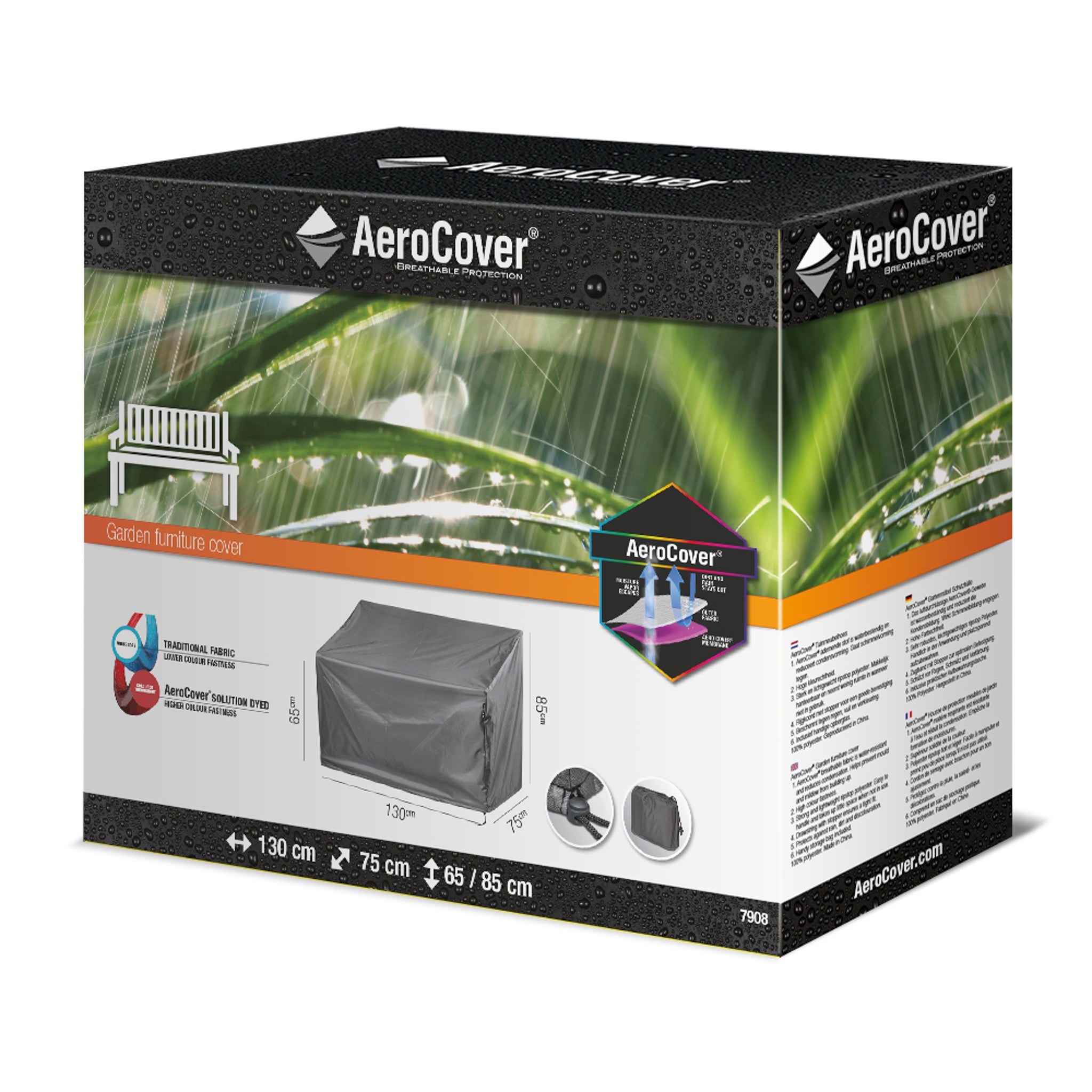 The AeroCover - Garden Bench Cover, with dimensions 130x75x65/85 cm, is crafted from water-resistant and UV-protective material. The product includes images showcasing both the cover and a bench.
