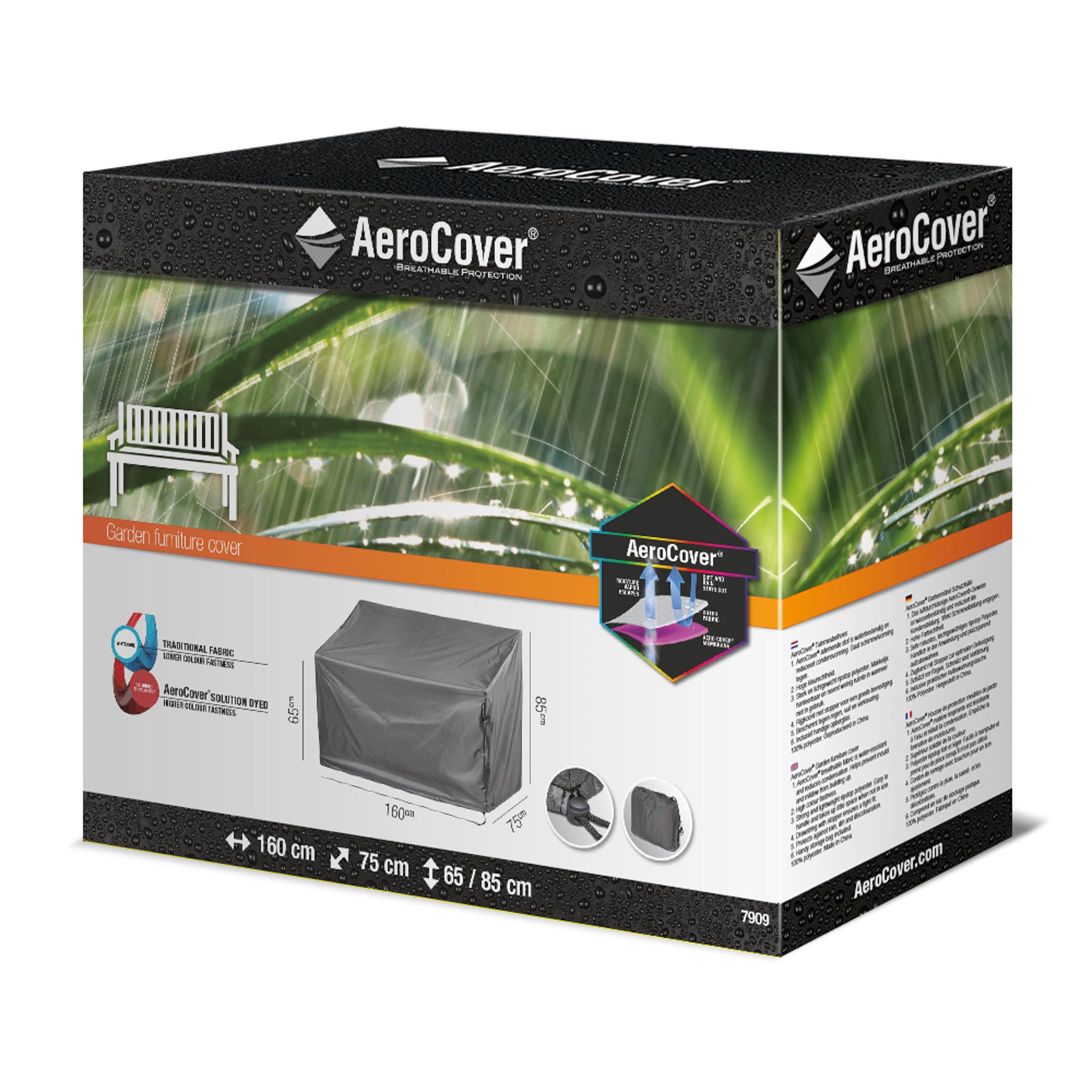 AeroCover packaging box for the Garden Bench Cover 160x75x65/85cm high, featuring UV protection, water resistance, dimensions, and an image of the cover on a bench.