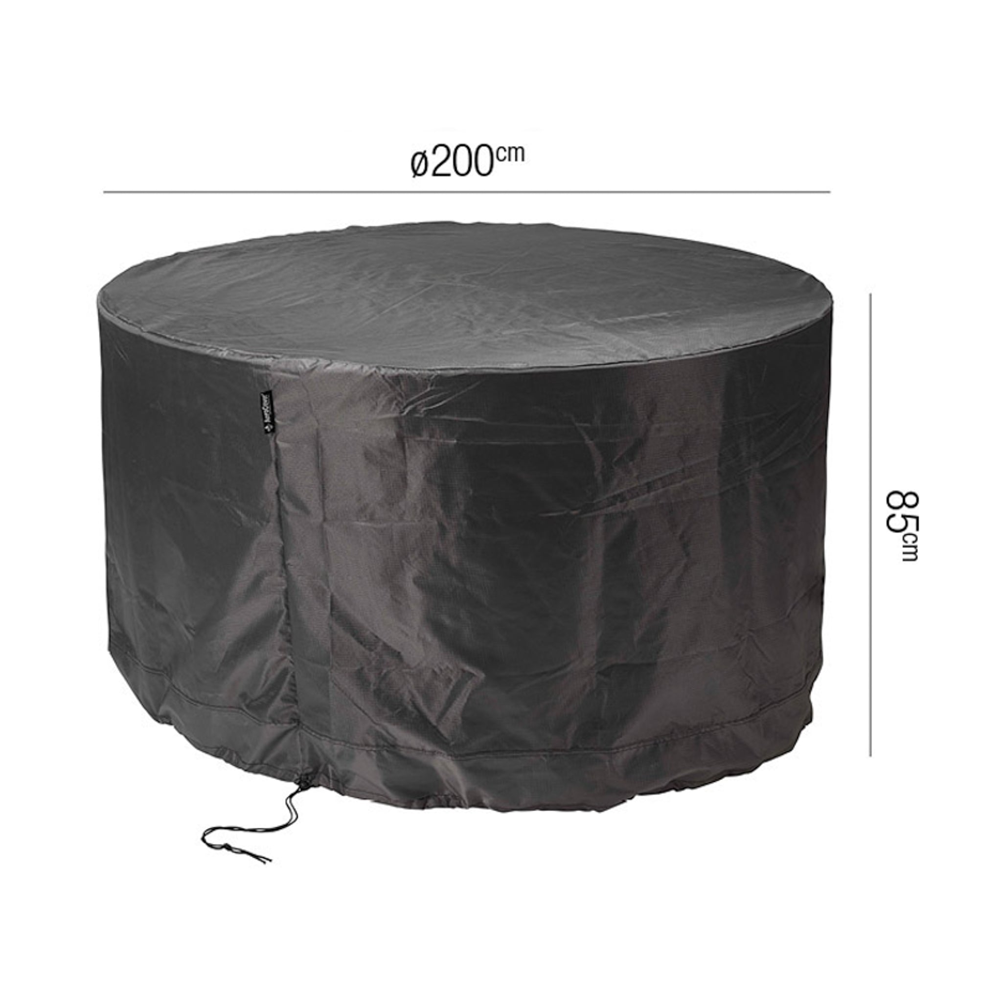 The AeroCover - Garden Set Round Cover, measuring 200cm in diameter and 85cm in height, includes a black, water-resistant material and a convenient storage bag.
