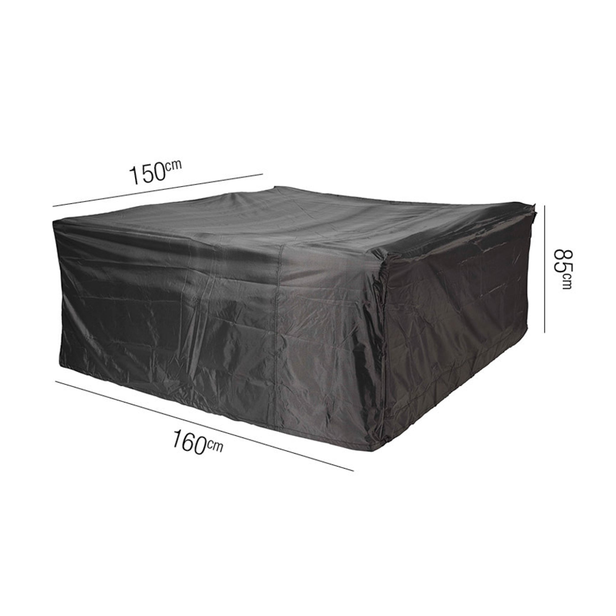 A black rectangular AeroCover garden bench cover, water-resistant and UV-protective, with dimensions labeled: 160cm by 150cm by 85cm.