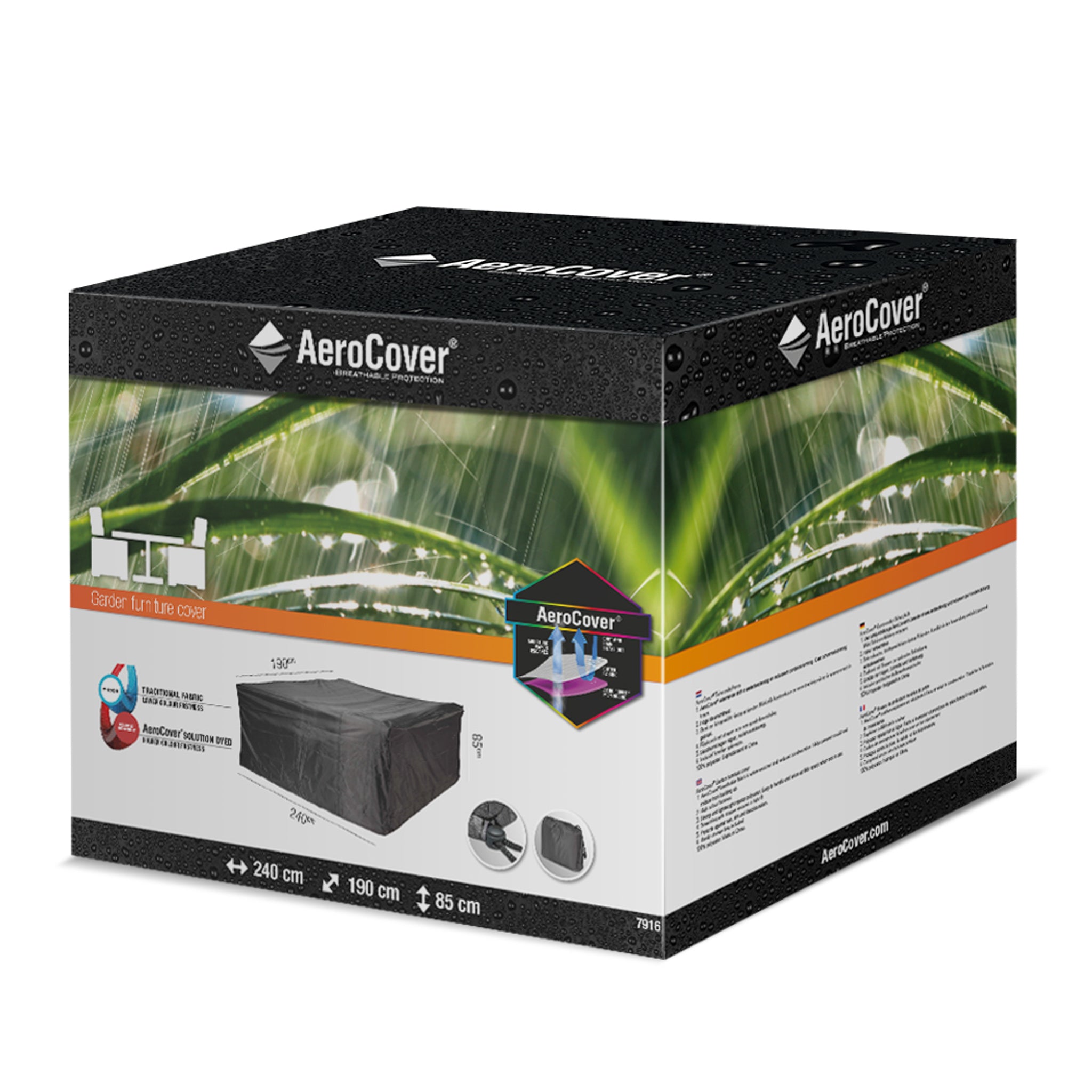 The packaging for the AeroCover - Garden Bench Cover (240 x 190 x 85 cm high) showcases a water-resistant, UV-protective cover along with a product image and dimensions.