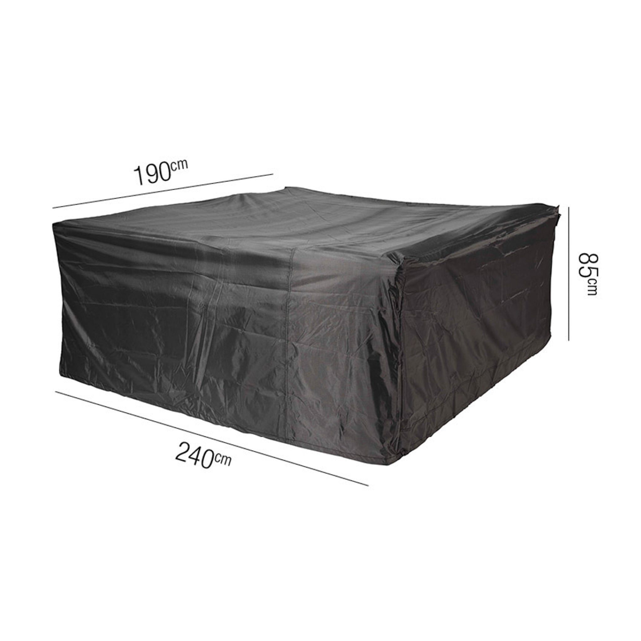 The AeroCover - Garden Bench Cover 240 x 190 x 85cm high is a black rectangular cover designed to protect your outdoor furniture. Featuring UV protection, this cover ensures both longevity and durability.