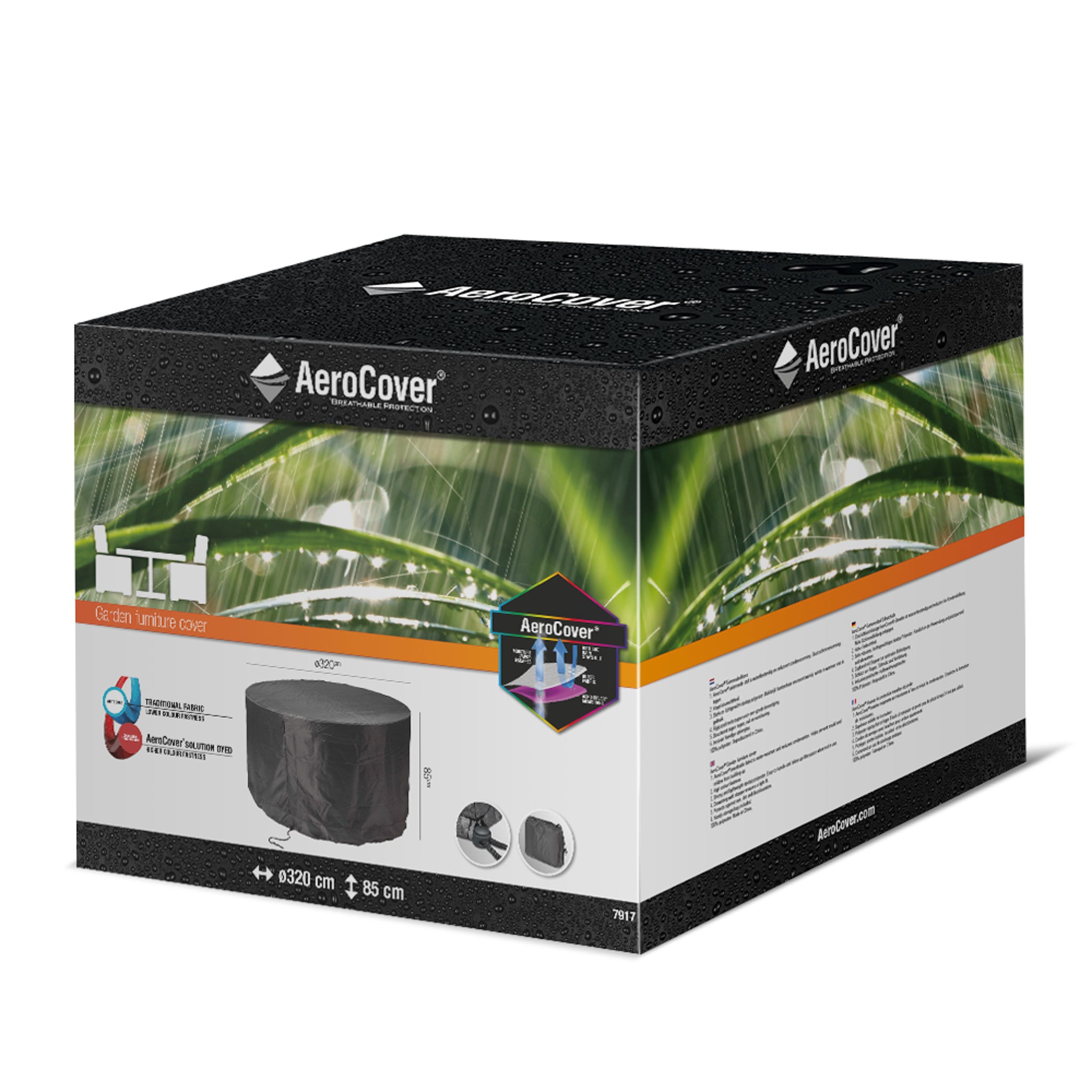 AeroCover - Garden Set Round Cover 320 x 85cm high packaging featuring a black, UV-protected, water-resistant cover for a garden set of table and chairs.