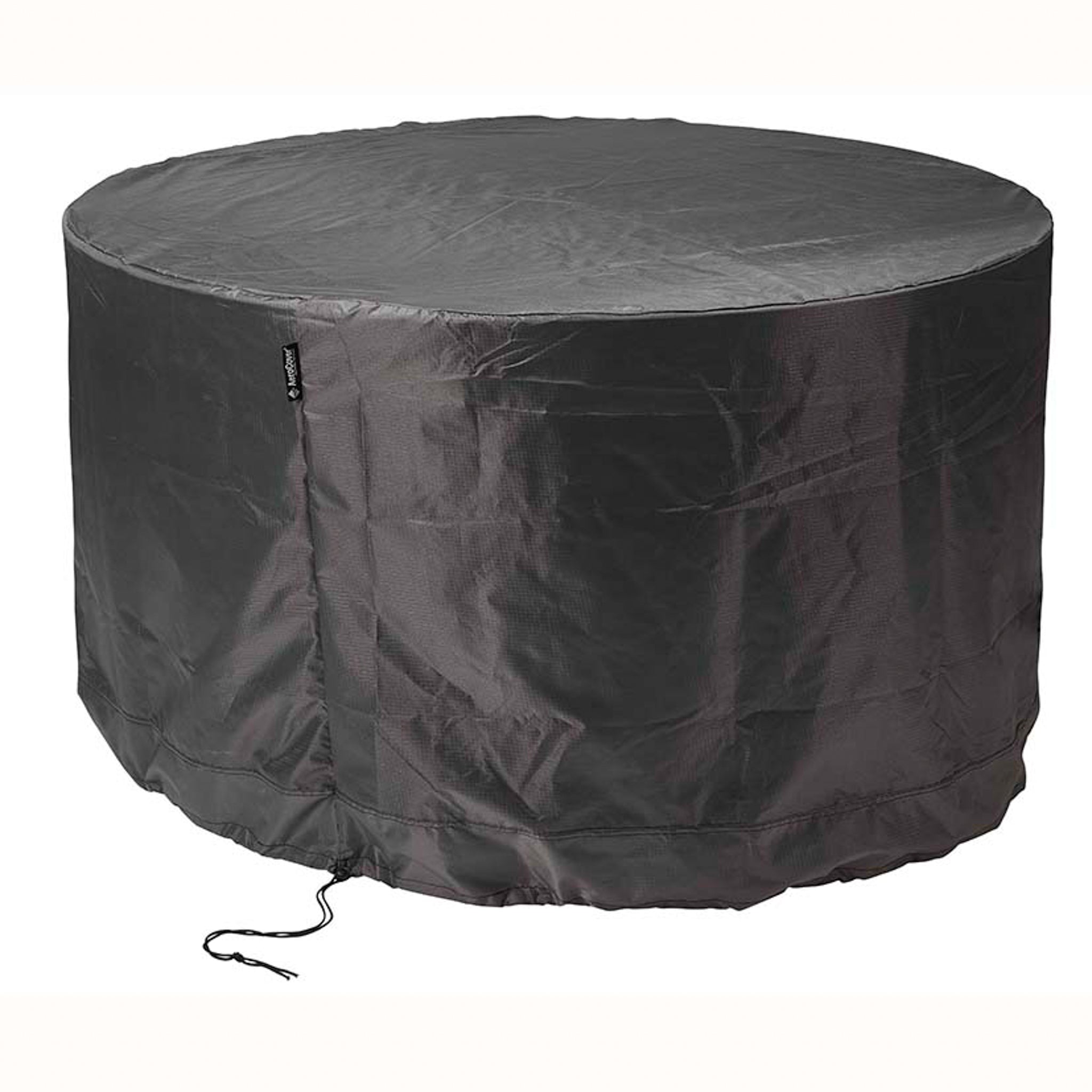 An AeroCover garden set round cover, measuring 320 x 85 cm high, in black, fitted over a patio table with UV protection and water resistance, featuring a drawstring closure at the bottom.