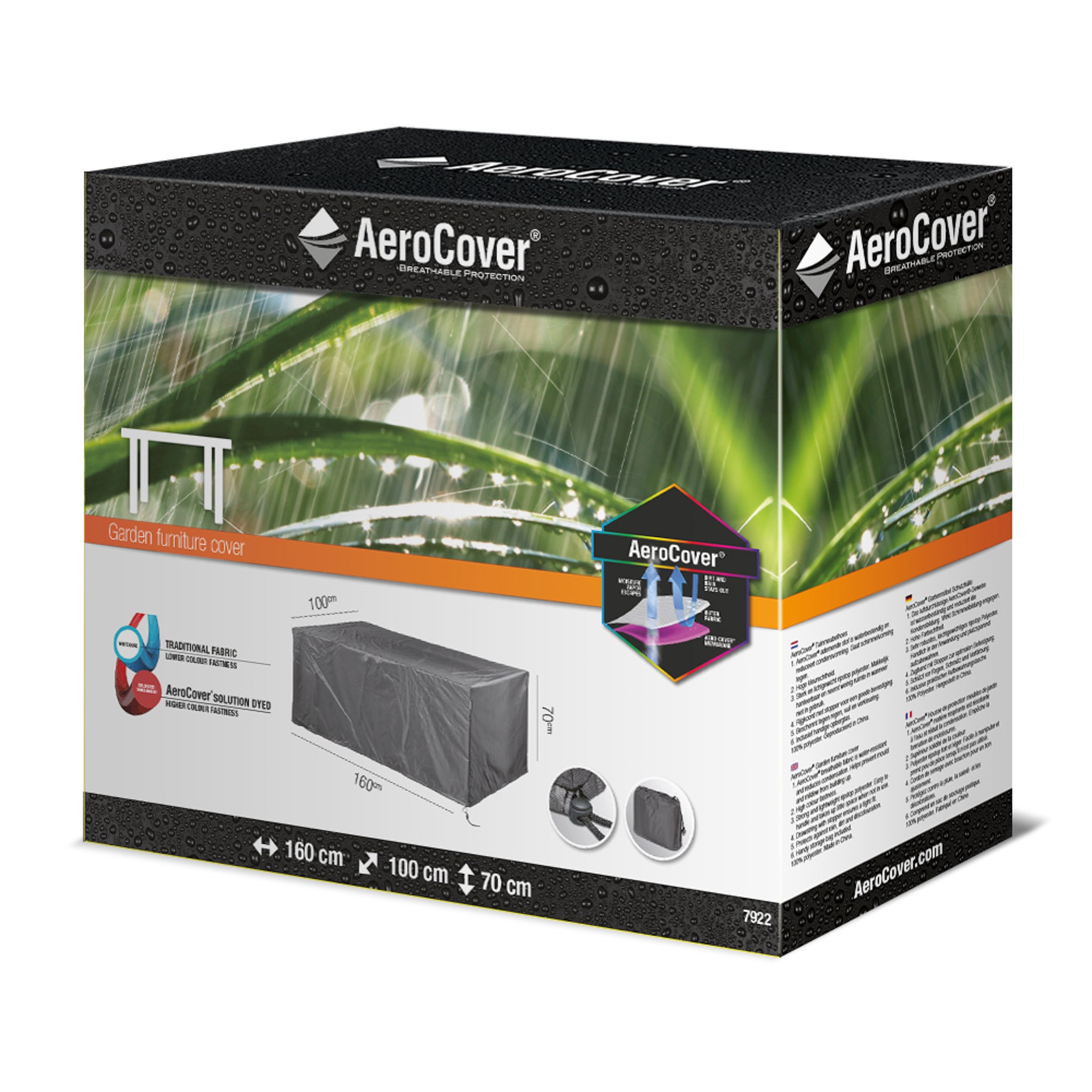 Box of AeroCover - Table Cover 160x100x70cm high showcasing product details, dimensions, and images of the water-resistant table cover in use.