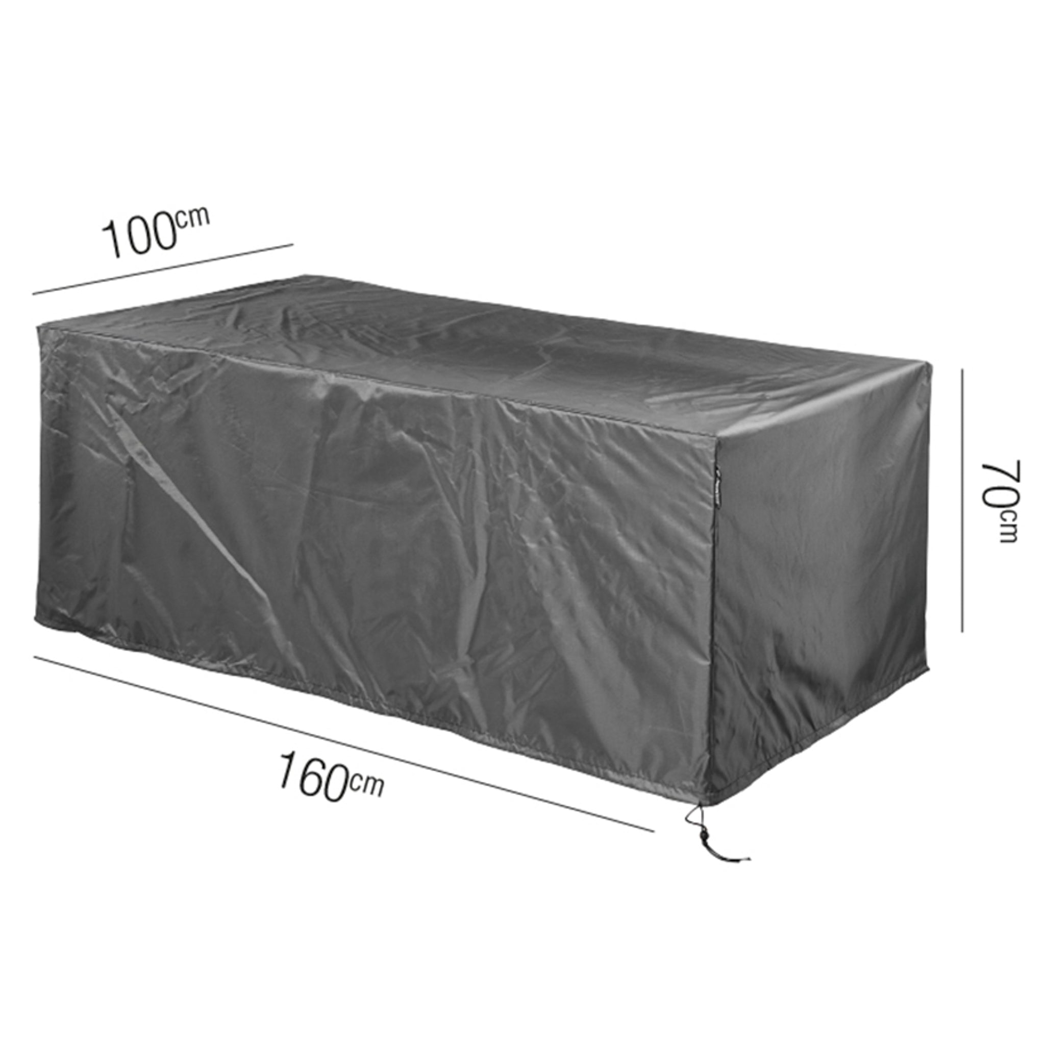 The AeroCover - Table Cover measures 160x100x70 cm in height, comes in black, and features a drawstring at the bottom. This water-resistant cover provides excellent UV protection to safeguard your outdoor furniture from the elements.