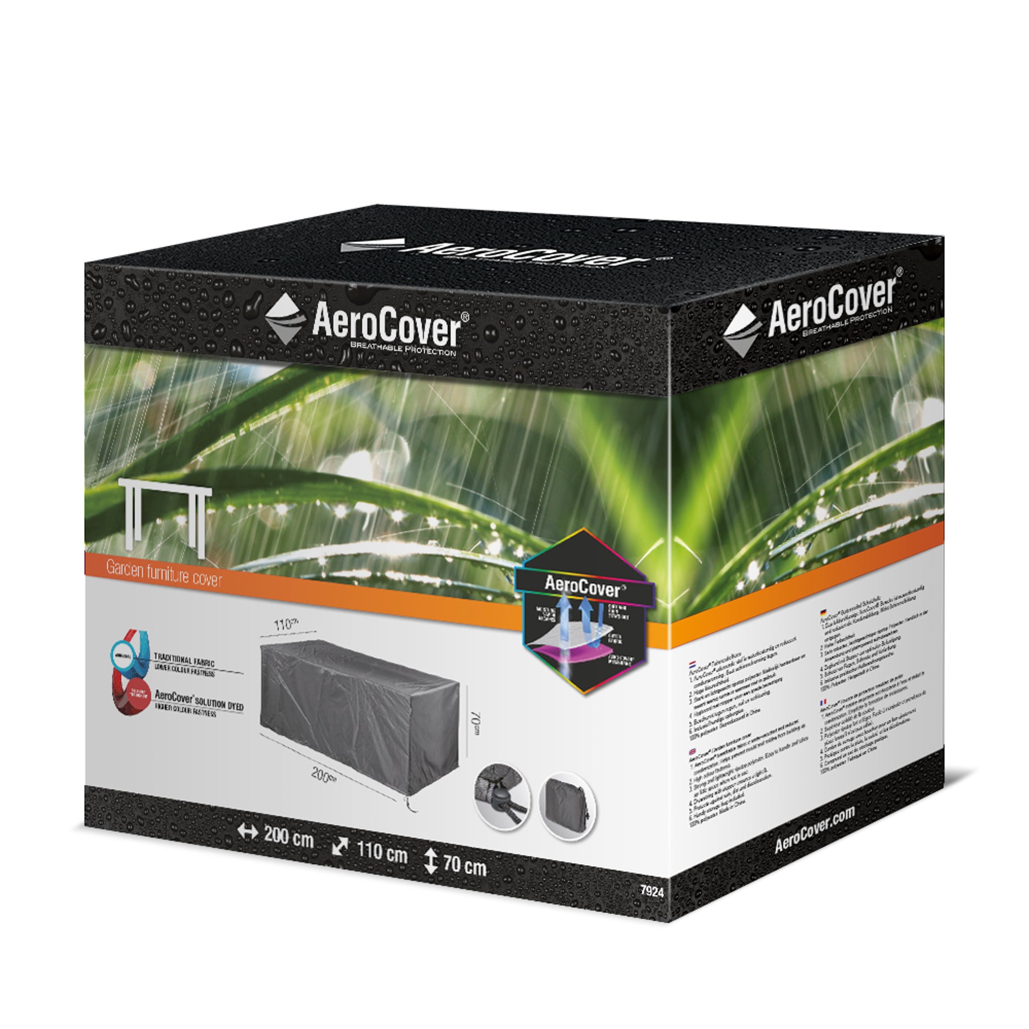 AeroCover - Table Cover 200x110x70cm high, featuring images of the cover, product dimensions, and UV-protective properties. Ideal for outdoor table covers.