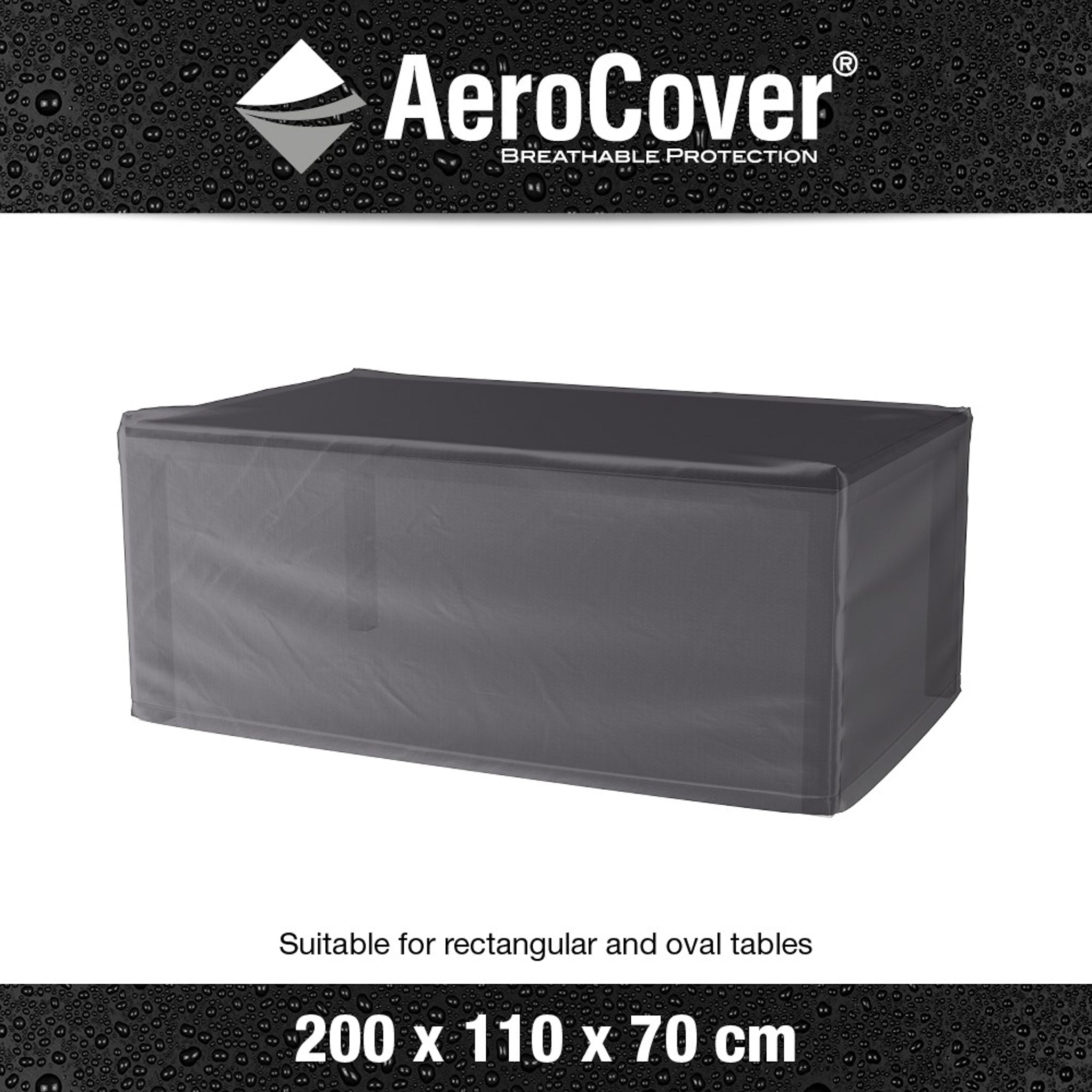 The AeroCover - Table Cover 200x110x70cm high is a UV-protective cover designed to fit outdoor tables of the same dimensions. Suitable for both rectangular and oval tables, it ensures your furniture stays shielded from the elements.