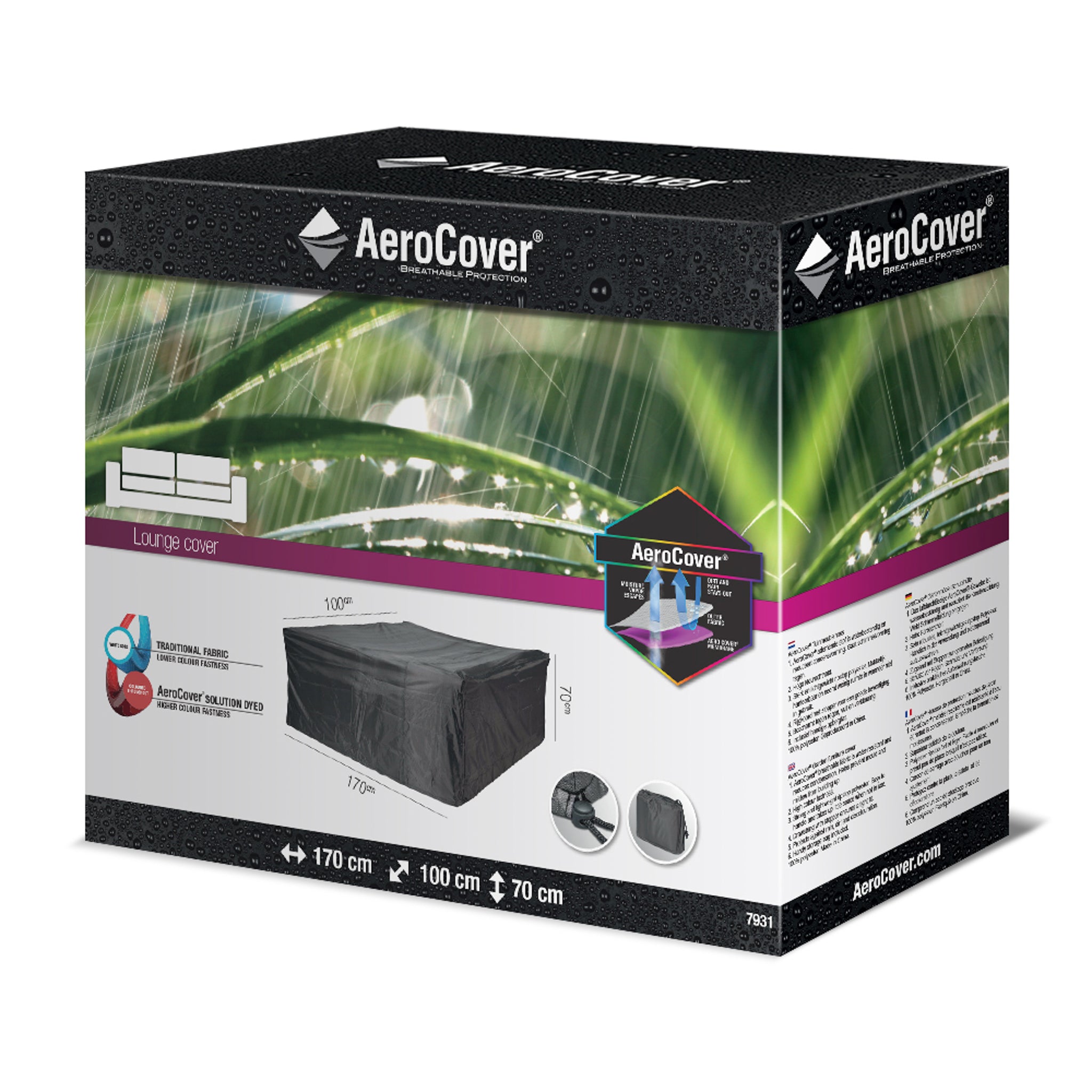 The AeroCover - Lounge Bench Cover package, with dimensions 170 cm x 100 cm x 70 cm high, showcases a product image on a green background. This water-resistant cover is UV protected, ensuring durability and protection for your outdoor furniture.