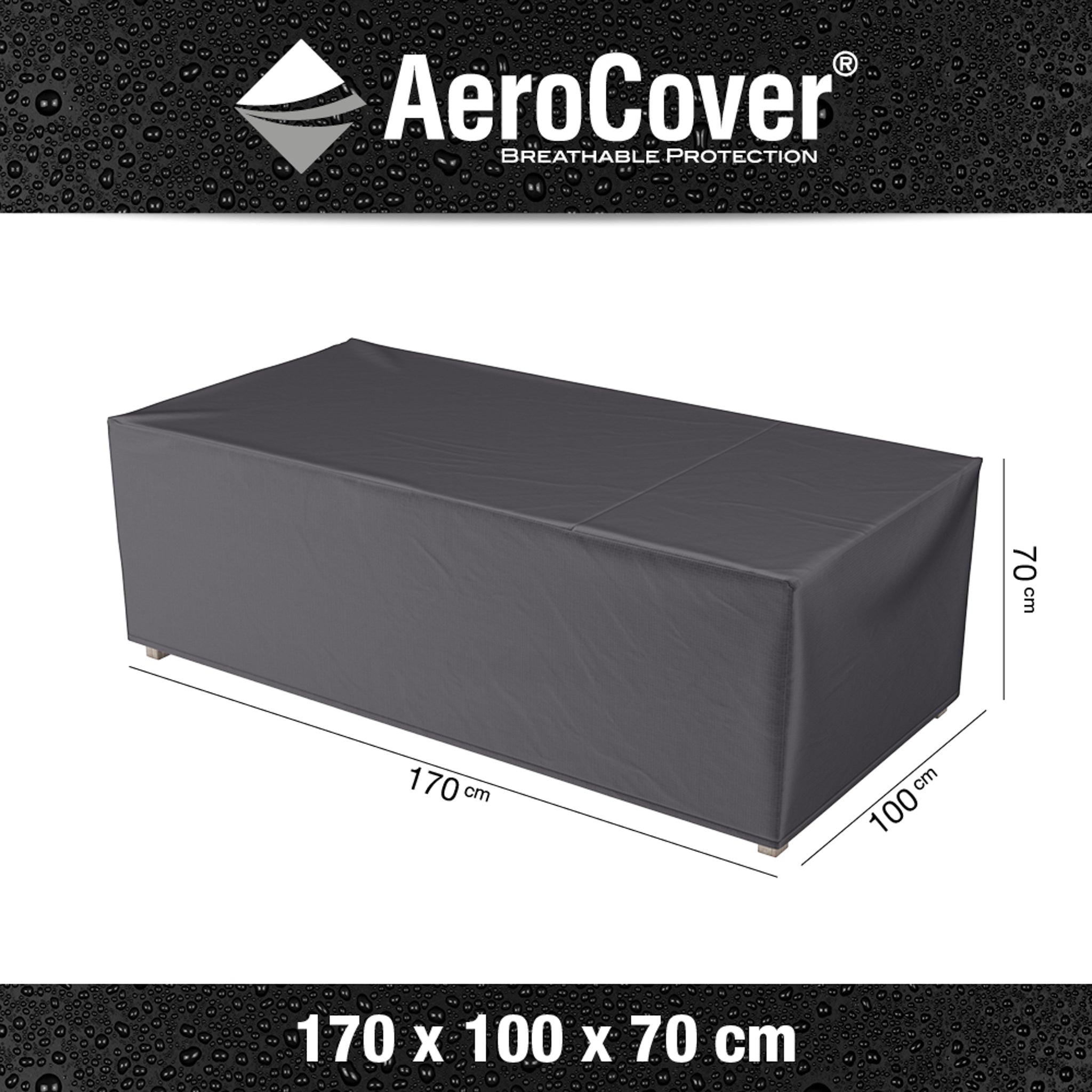 Black AeroCover - Lounge Bench Cover 170 x 100 x 70 cm high protects outdoor furniture against a raindrop background and is UV-protected.