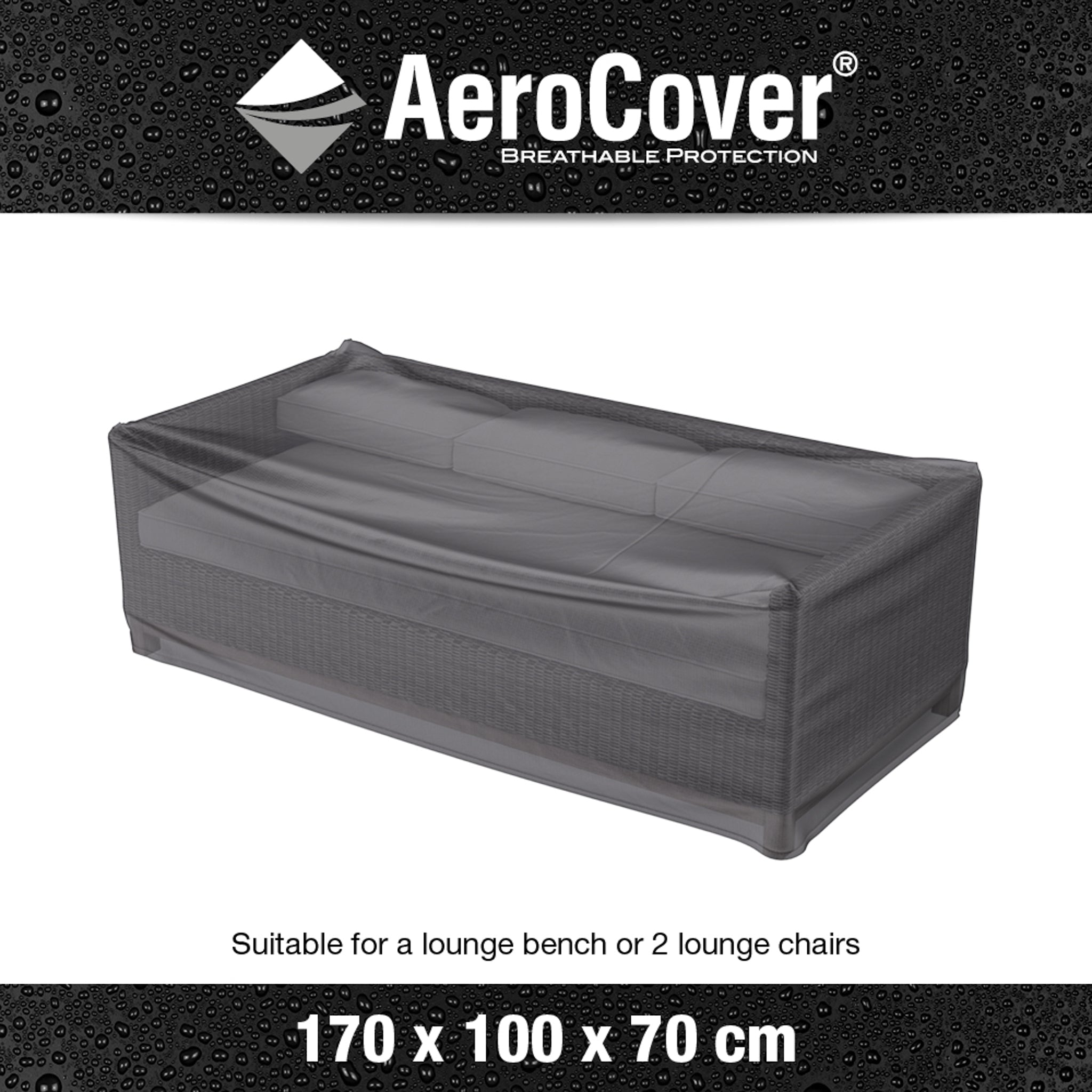 The AeroCover Lounge Bench Cover, measuring 170x100x70 cm, is breathable and UV-protected, ideal for covering a lounge bench or two lounge chairs.