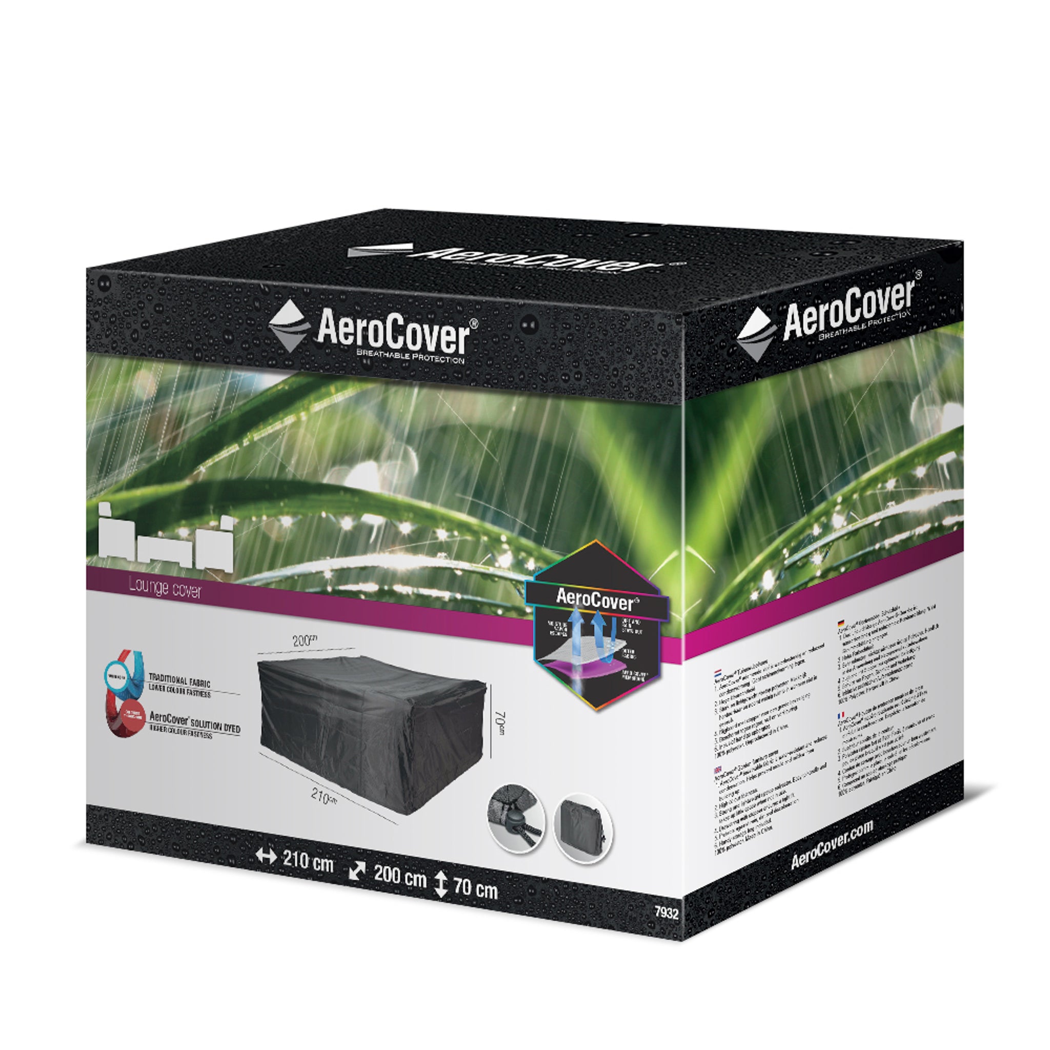 Introducing the AeroCover - Lounge Set Cover 210 x 200 x 70cm high, featuring detailed product images in a sleek green, black, and purple design. This water-resistant cover is ideal for safeguarding your lounge set from the elements.