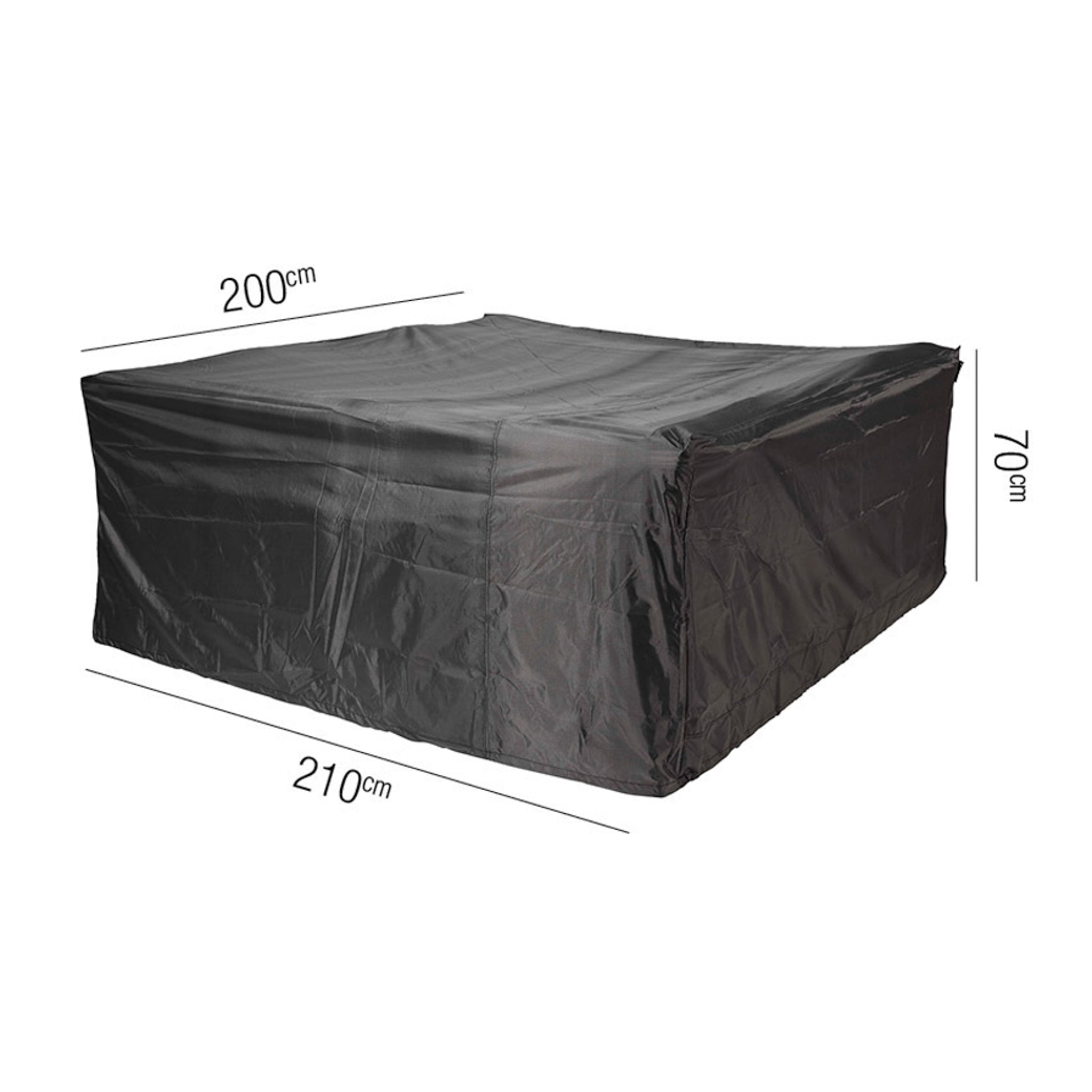 The AeroCover - Lounge Set Cover, measuring 210 cm by 200 cm and 70 cm high, is a black rectangular cover designed to protect outdoor furniture. Its water-resistant material ensures that your furniture remains safe from the elements.