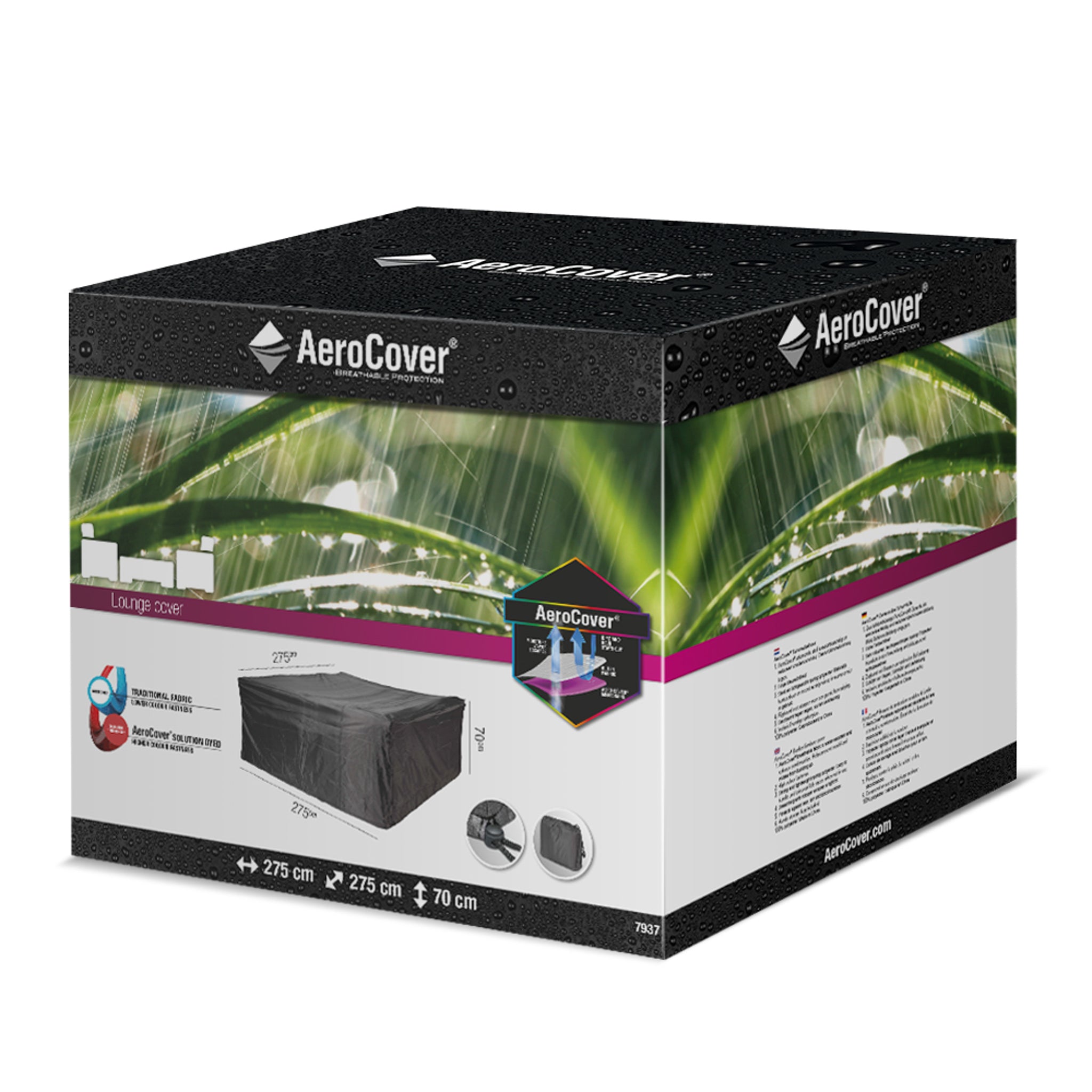 The AeroCover packaging highlights a water-resistant cover specifically designed for your Square Lounge Set, with dimensions of 275 x 275 x 70cm and notable product features clearly displayed. It's ideal for safeguarding your outdoor furniture in any weather conditions.