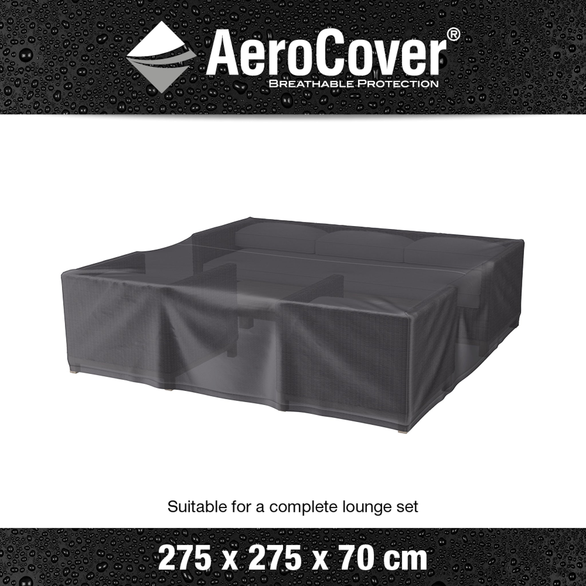 AeroCover - Square Lounge Set Cover, 275 x 275 x 70 cm high, is a breathable and water-resistant protective cover for outdoor furniture, showcased against a black background.