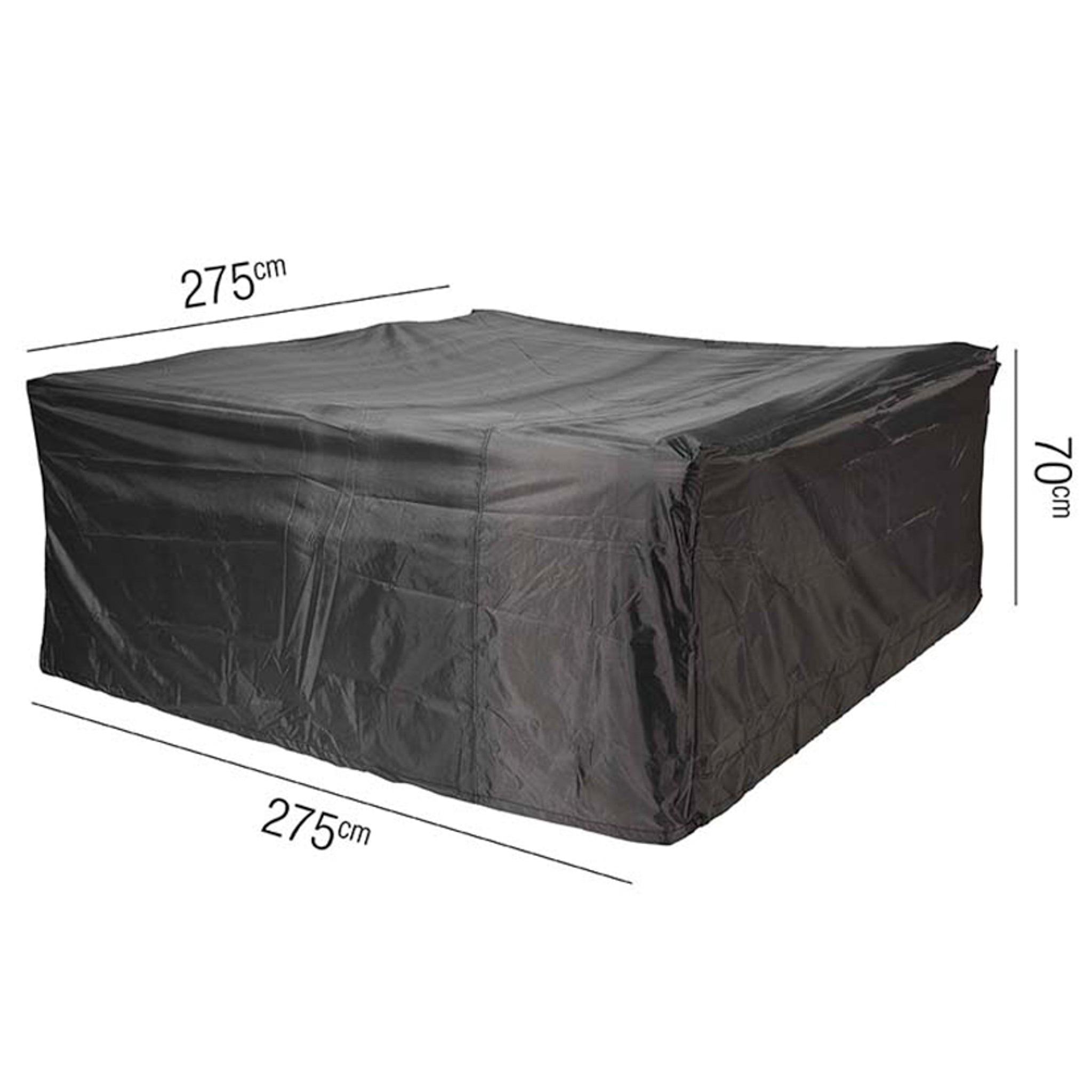 The AeroCover - Square Lounge Set Cover, with dimensions of 275 x 275 x 70 cm, is perfect for protecting your outdoor furniture and is water-resistant. The cover comes in a sleek black color and boasts exceptional durability.