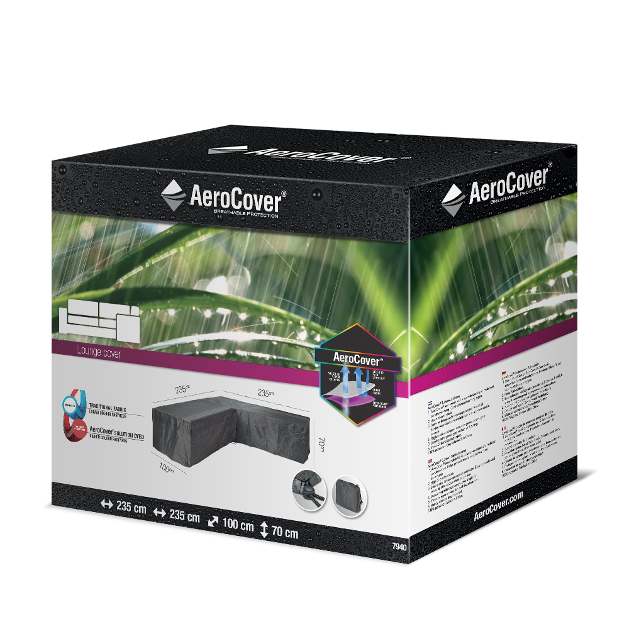 Packaging for the AeroCover - L-Shape Lounge Set Cover 235 x 235 x 100 x 70 showcasing dimensions, water-resistant breathable cover features, and UV protection with a stylish leaf design background.