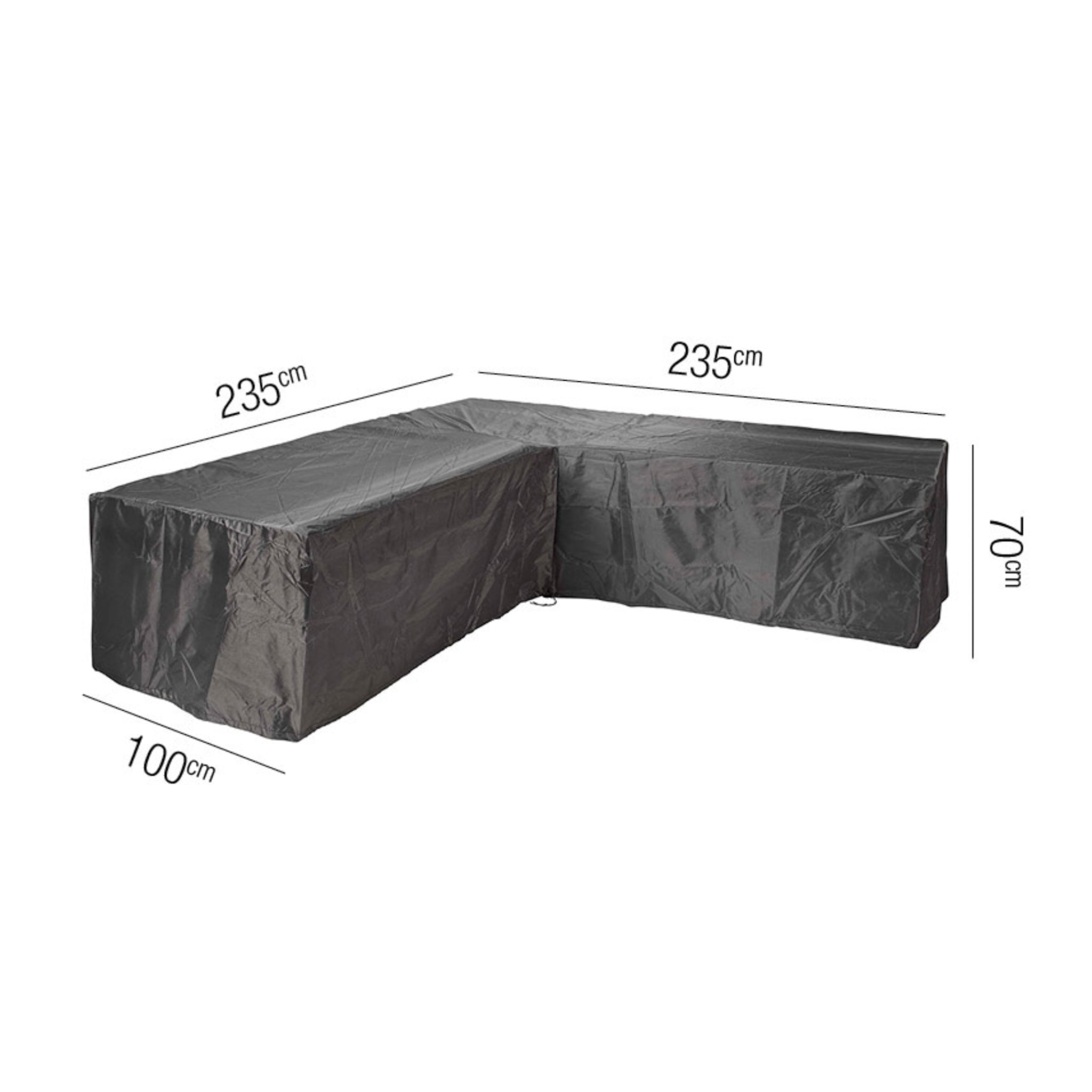 AeroCover - L-Shape Lounge Set Cover, dimensions: 235 cm x 235 cm x 100 cm x 70 cm, black UV-protective cover for outdoor furniture, isolated on white.