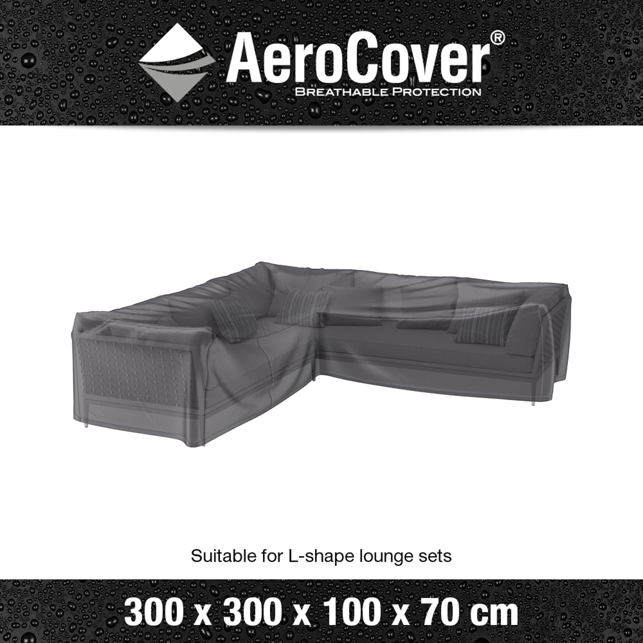 The AeroCover - L-Shape Lounge Set Cover 300 x 300 x 100 x 70 is displayed on a white background, highlighting its waterproof and UV-protective features.