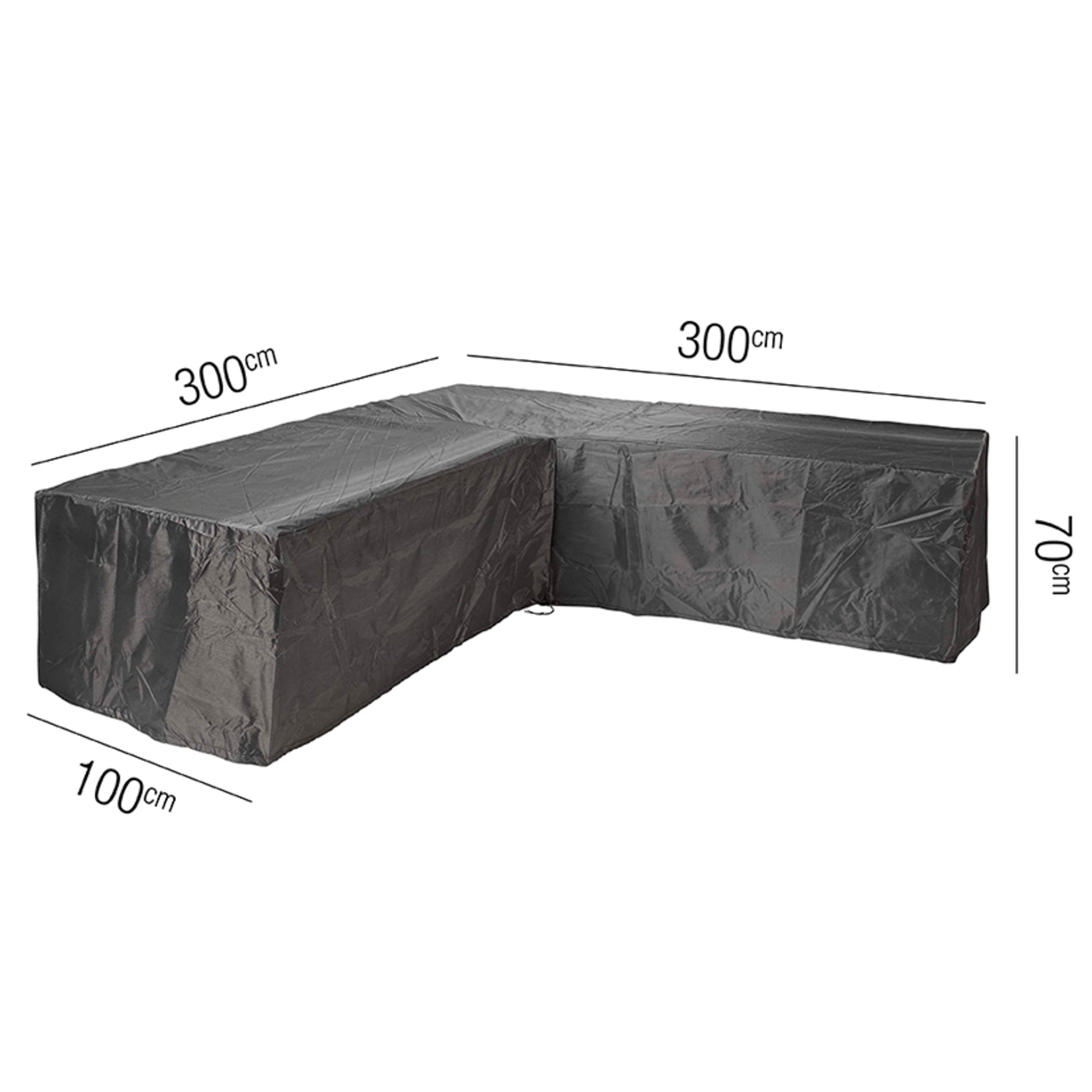 This L-shaped outdoor furniture is shielded by the AeroCover - L-Shape Lounge Set Cover, featuring a black waterproof UV-protective cover with dimensions clearly labeled at 300cm, 300cm, 100cm, and 70cm.