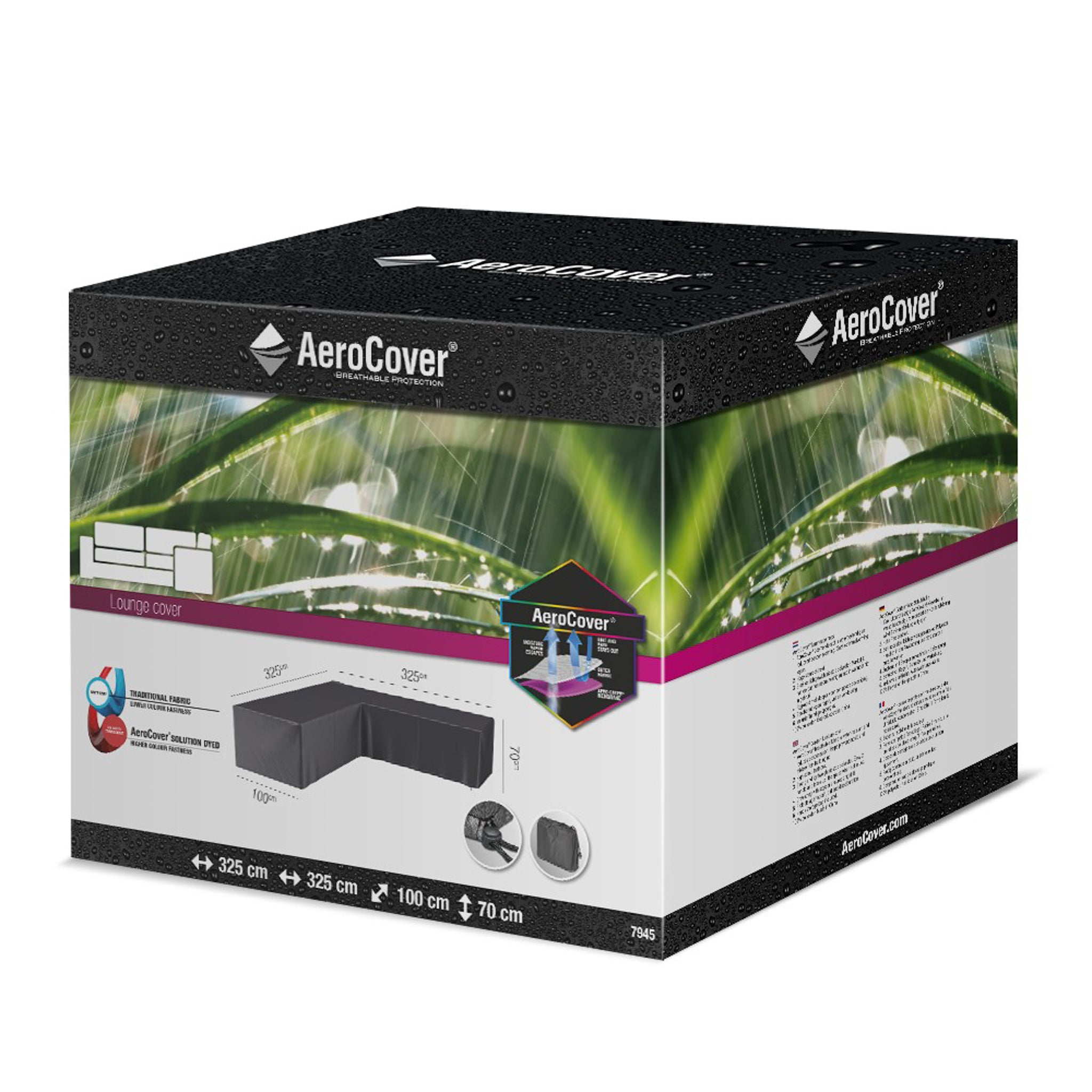 A square box of the AeroCover - L-Shape Lounge Set Cover 325 x 325 x 100 x 70, featuring product images and specifications on its sides, set against a leafy backdrop. This UV-protected, water-resistant furniture cover ensures lasting durability for your outdoor lounge set.