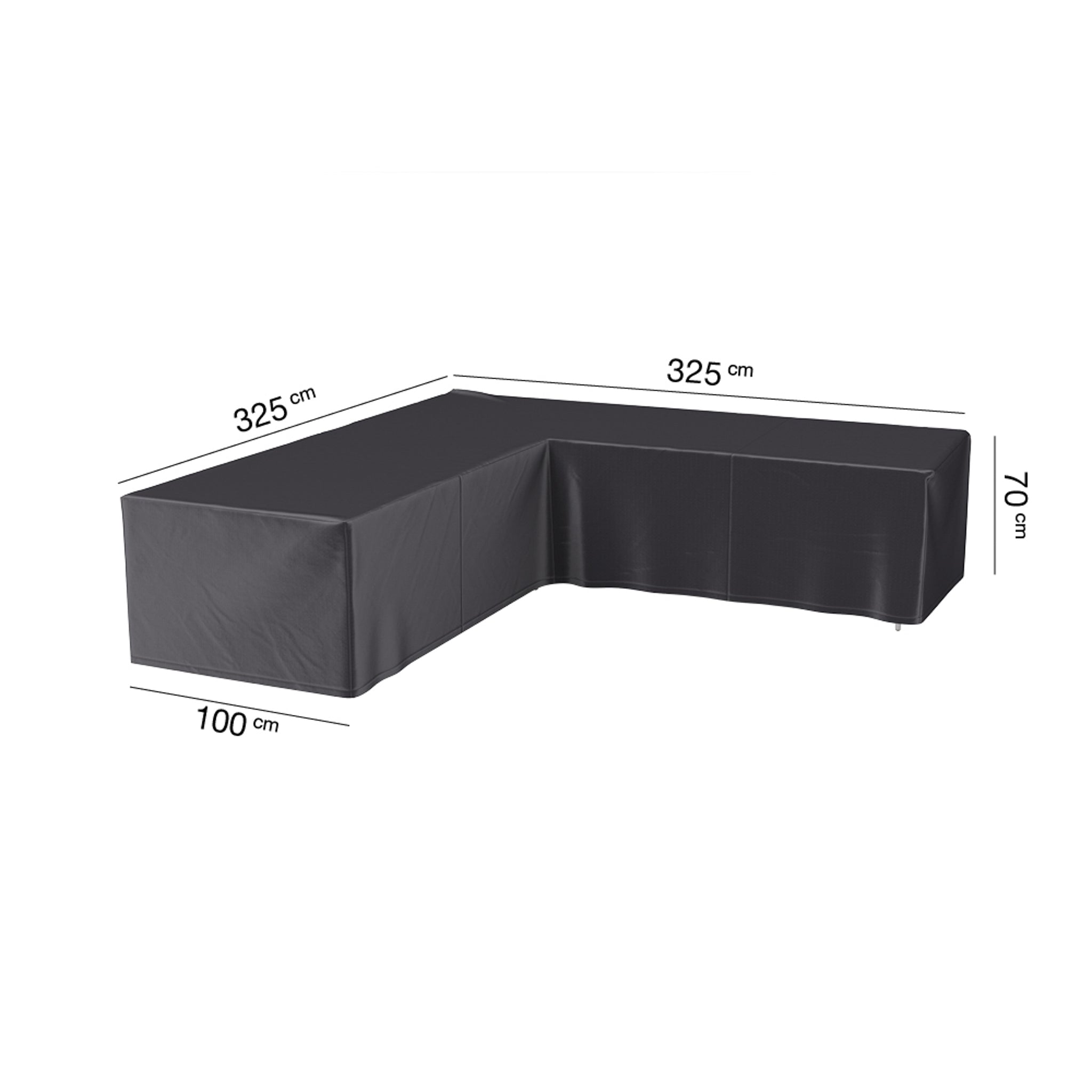 The AeroCover - L-Shape Lounge Set Cover 325 x 325 x 100 x 70 is a black, water-resistant furniture cover that offers UV protection for your outdoor setup.