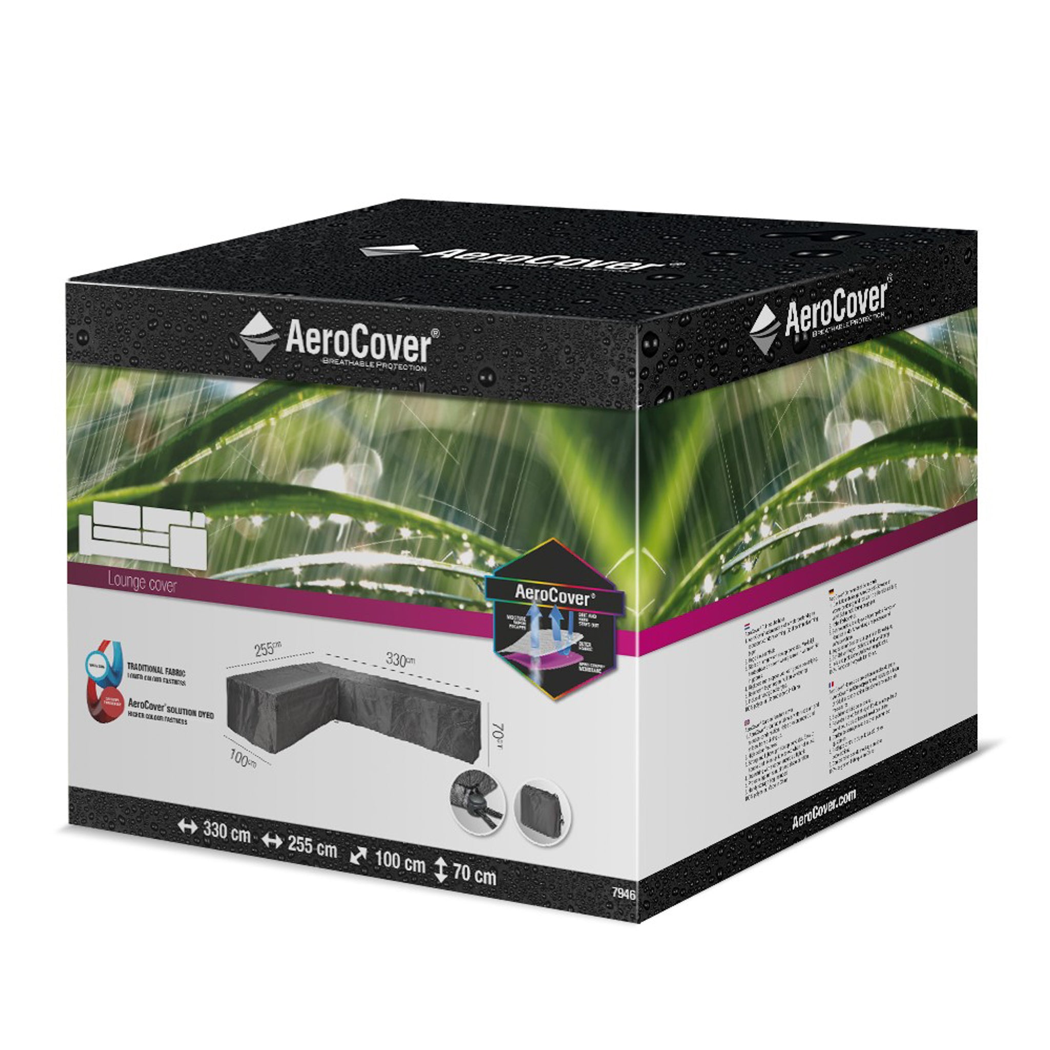 AeroCover - Left Hand L-Shape Lounge Set Cover 330 x 255 x 100 x 70 packaging includes images and detailed information on its dimensions, as well as its water-resistant and UV-protected materials.