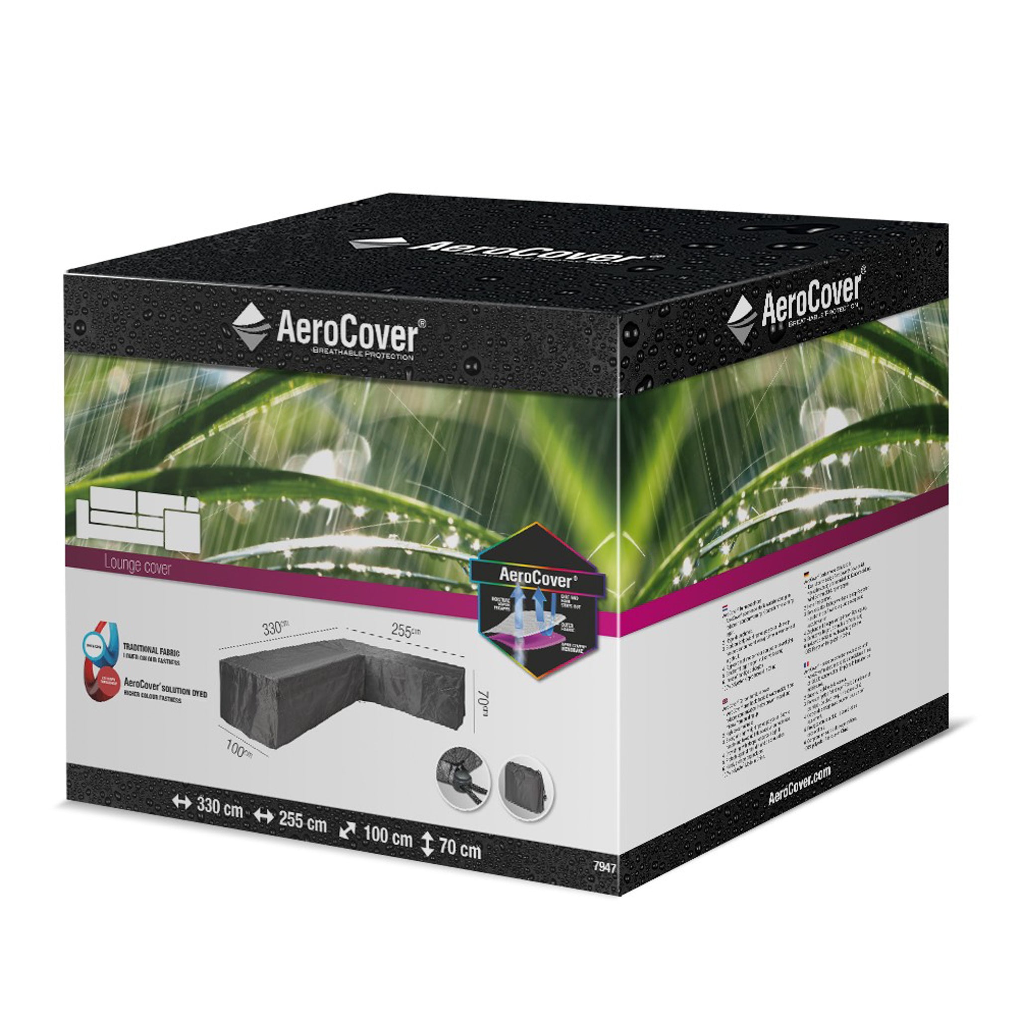 Packaging box for the AeroCover - Right Hand L-Shape Lounge Set Cover (dimensions: 330 x 255 x 100 x 70) featuring AeroCover branding, detailed dimensions, and a tropical leaf design in the background. It promotes ultimate outdoor furniture protection with a UV-protected cover for enhanced durability.