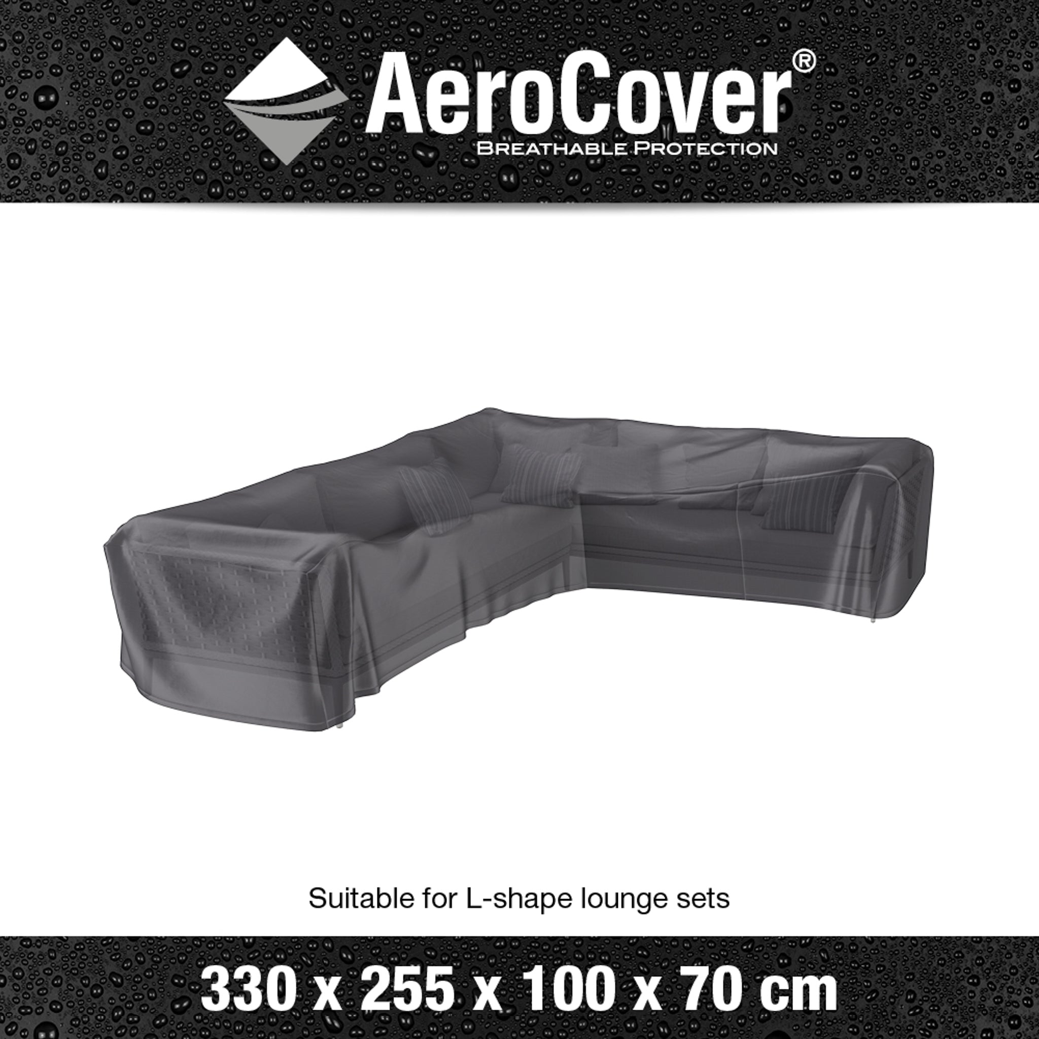The AeroCover - Right Hand L-Shape Lounge Set Cover 330 x 255 x 100 x 70 provides outdoor furniture protection with its UV-protected cover against a water-drop textured background.