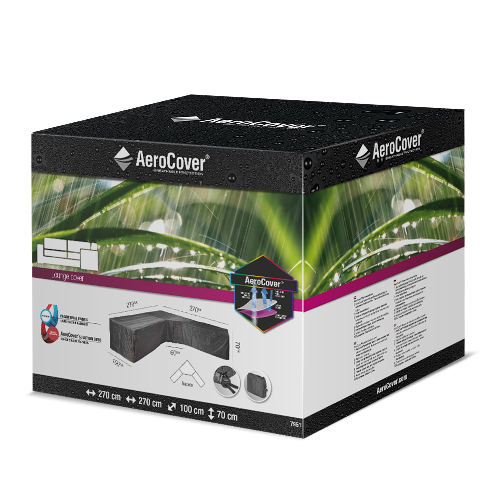 Box labeled "AeroCover - Trapeeze Lounge Set Cover 270 x 270 x 100 x 70cm" featuring images and dimensions of a lounge set cover, perfect for outdoor furniture protection, with a raindrop design on the top.